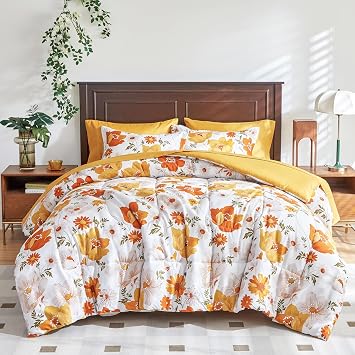 Floral Comforter Set 6 Pieces White with Yellow Orange Flowers Bed in a Bag Twin Size Reversible Bedding Set 1 Comforter 2 Pillow Shams 1 Flat Sheet 1 Fitted Sheet 1 Pillowcases