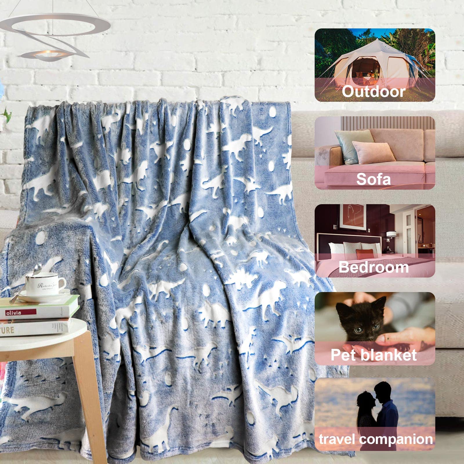 TEHALK Manta de dinosaurio para niños y niñas, que brilla en la oscuridad, mantas de forro polar suave para niños, manta de bebé personalizada para niños, lindas mantas para niños, regalos únicos de