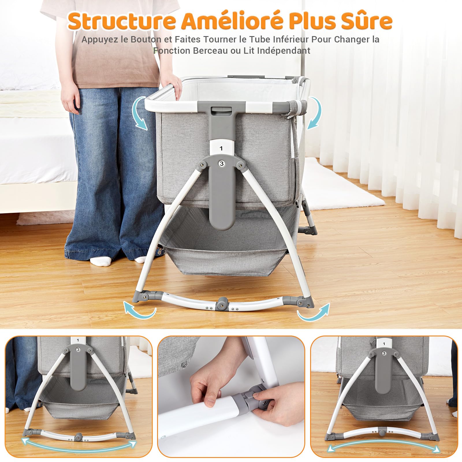 Lit Bébé Évolutif 3 en 1 Convertible Cododo avec Moustiquaire, Matelas, Bascule, 7 Hauteurs Réglables, 0-36 Mois