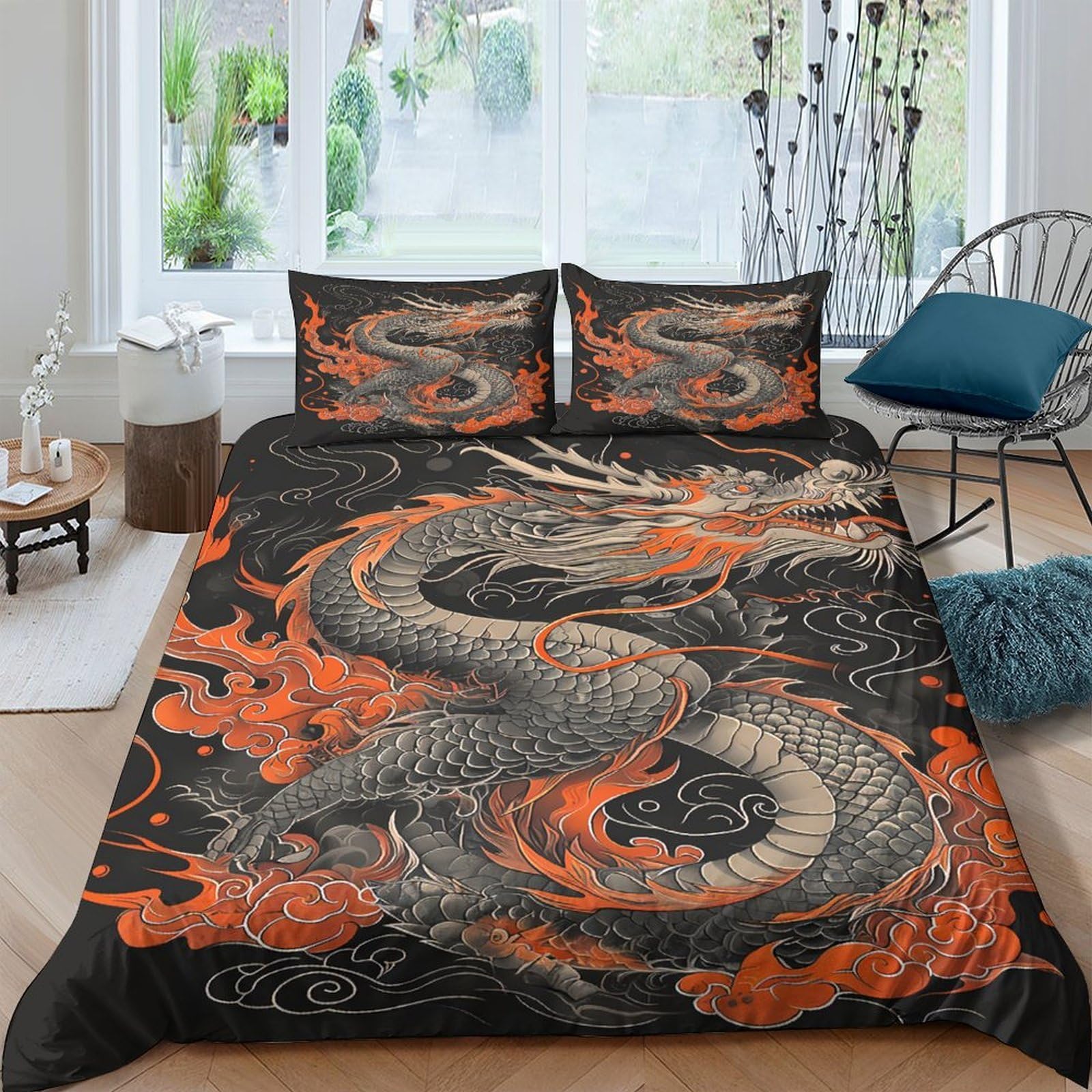 Ctjqhvkz Style-5 3D Printed Black Red Dragon Fitted Sheet Microfiber Soft Bed Cover Asian Art Mattress Protector For Bedroom Dorm Decor Single（135X200cm）