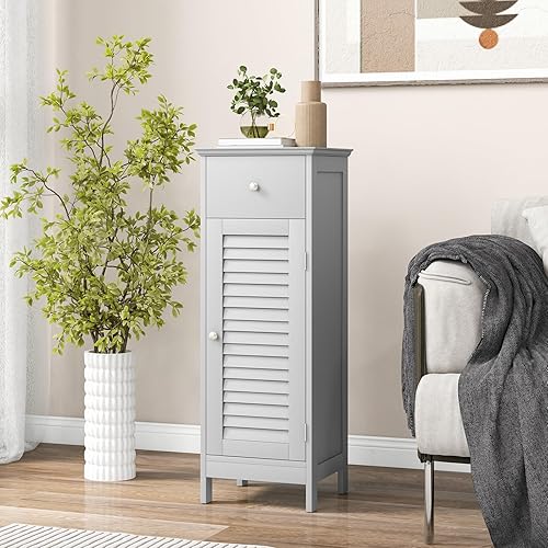 Miniatura 7 de COSTWAY Gabinete de almacenamiento de baño, organizador de almacenamiento delgado de una sola puerta con cajón y estante ajustable, gabinete de piso