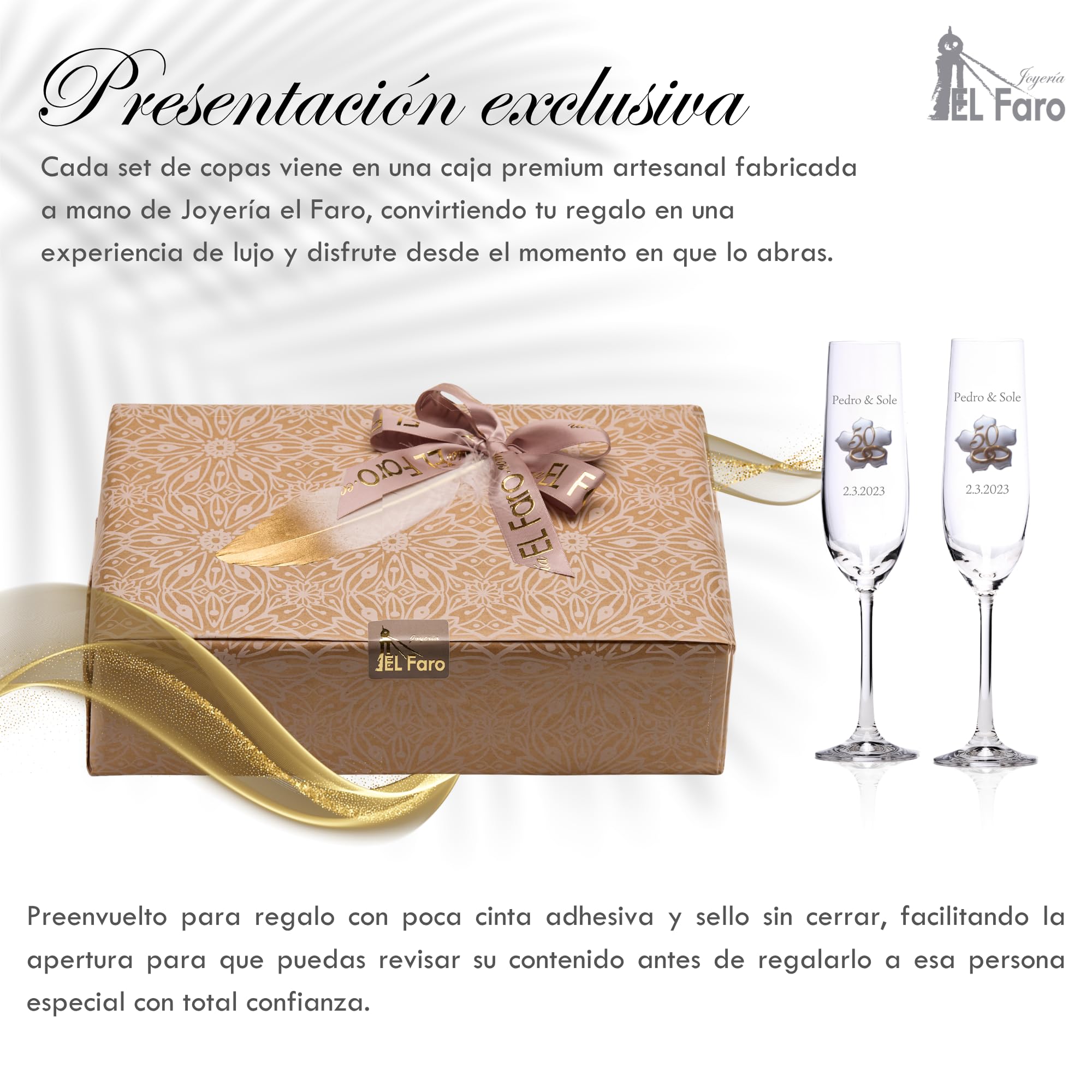 JOYERIA EL FARO Copas de Champán Personalizadas para Bodas de Oro – Juego de 2 Copas con Chapita Dorada en Forma de Hoja – Estuche Premium de Joyería – Regalo 50 Aniversario de Casados