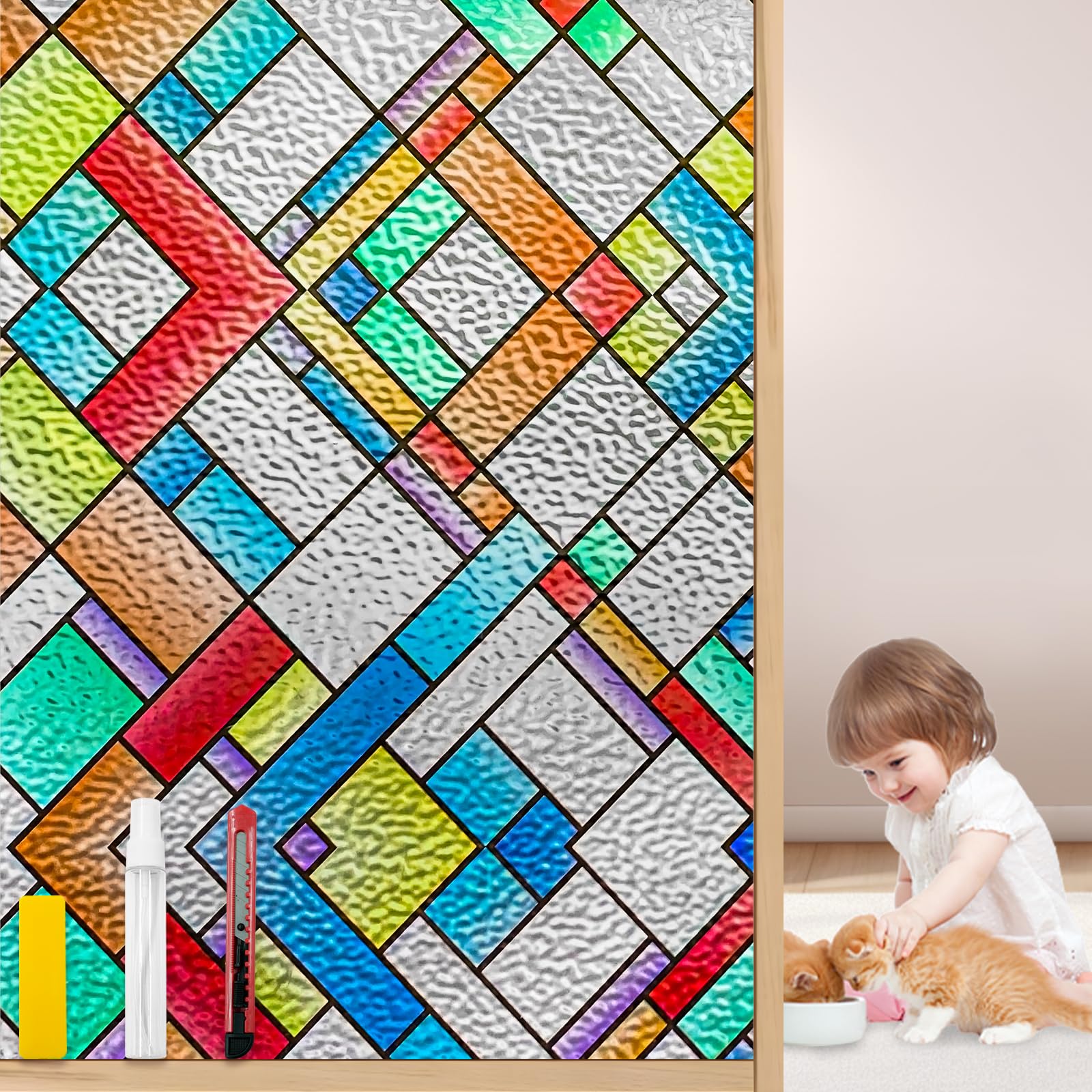 Countewol 3D-Fenster-Sichtschutzfolie, Buntglas-Fensterfolie, klebstofffrei, rückstandsfrei, wiederverwendbar und einfach mit Werkzeugen zu installieren (farbige Glasur, 44,5 x 499,8 cm)
