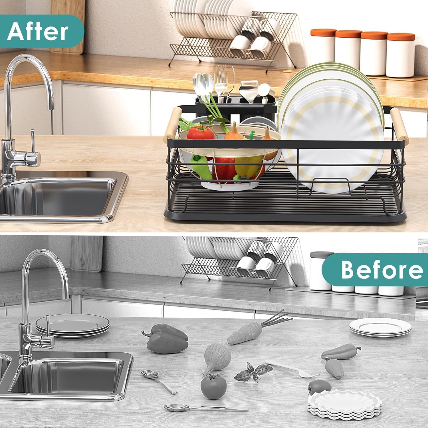 Dish racks Anti rush Drying Rack Utensil Storage Shelf Holder Kitchen Countertop Cutlery Holder 43 x 30.5 x 14 cm (Black)