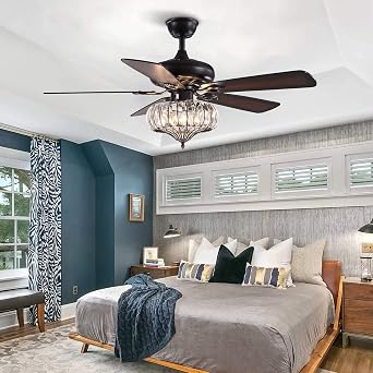 Ceiling Fans with Lights and Remote for Living Room Fandelier Vintage Fans with Lamps LED Crystal Lampshade for Bedroom Lounge Dining Table Kitchen Island Motor Silent Reversible (Black, 48