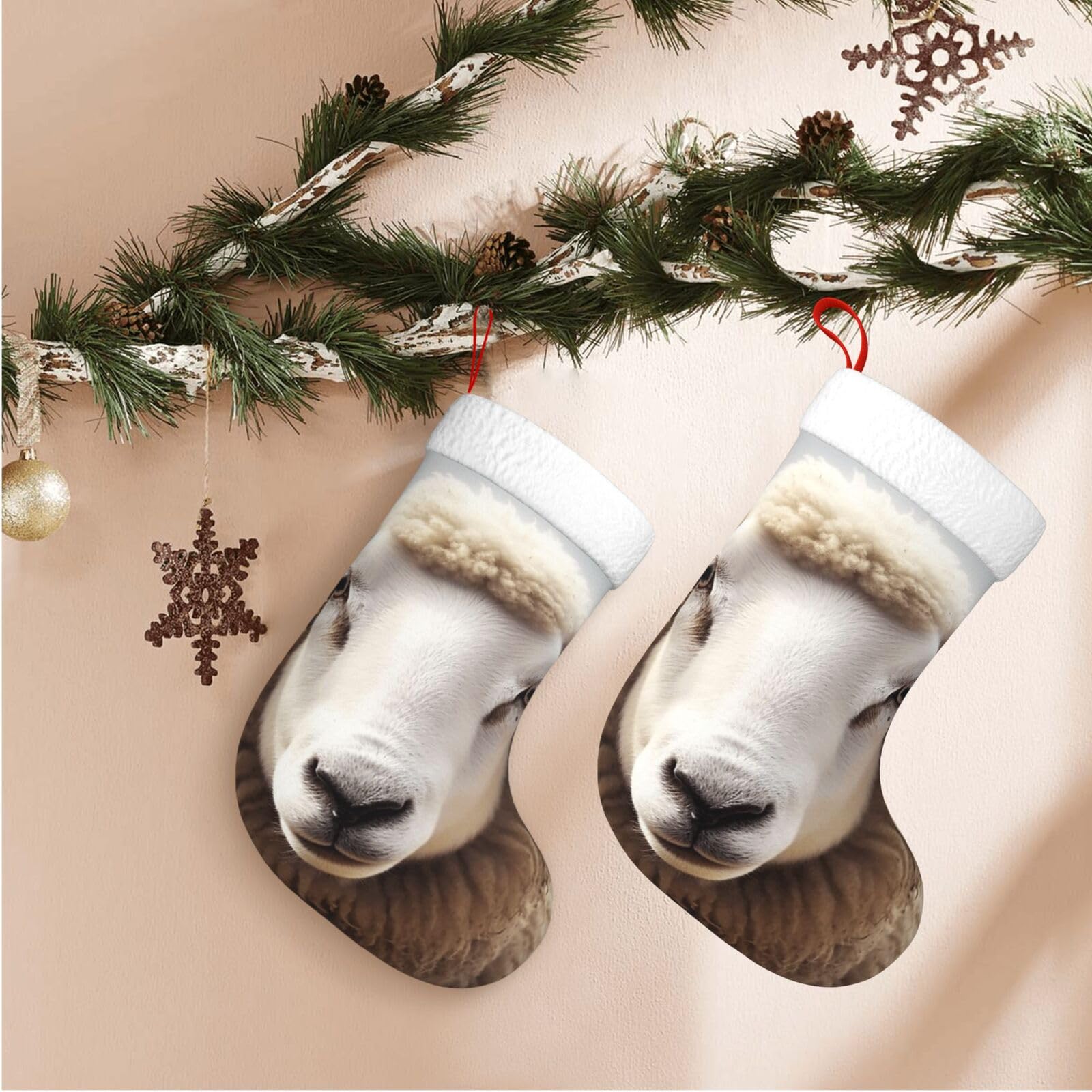 17.7" Christmas Stocking 1 Piece, Sheep Xmas Stockings with White Plush Cuff Fireplace Hanging Stocking for Christmas Holiday Party Decoration