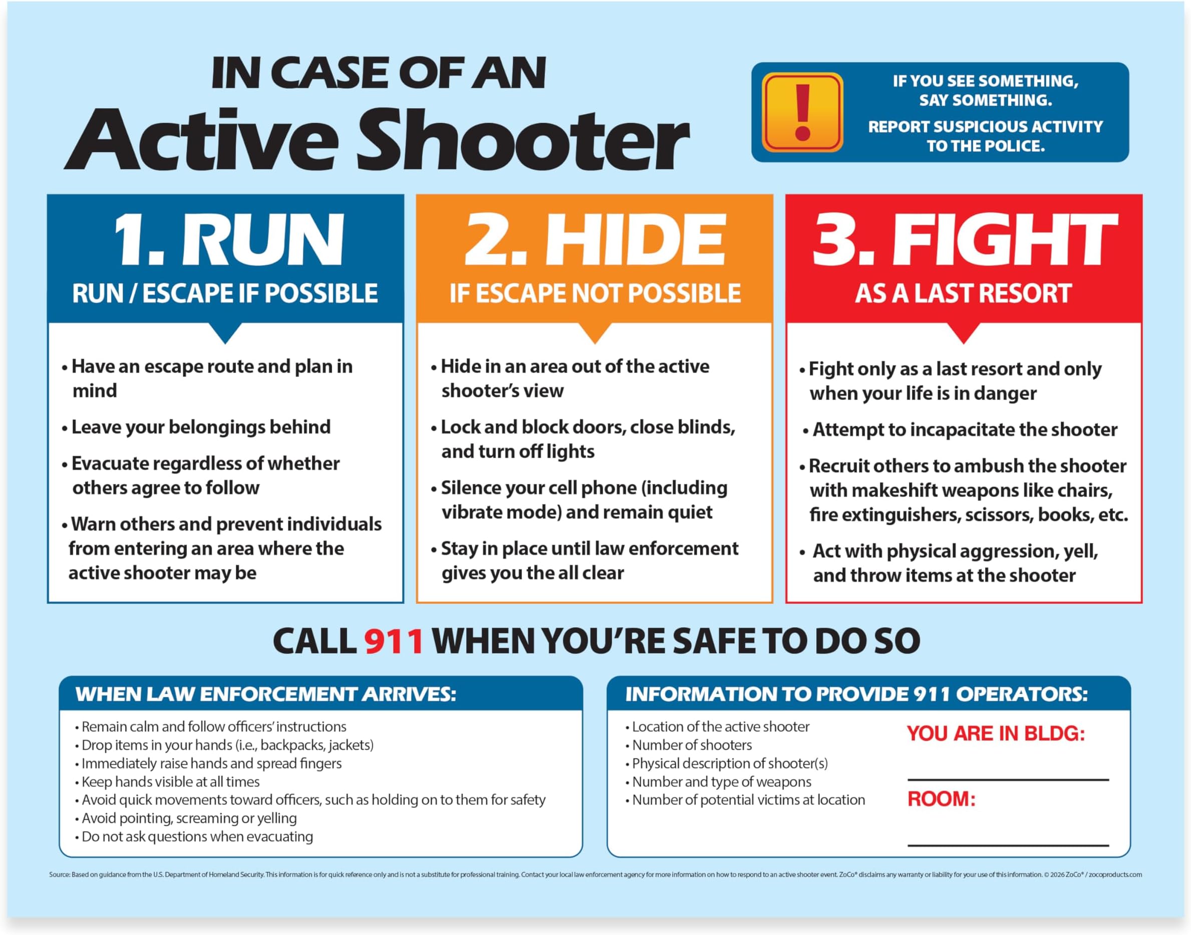 Active Shooter (Run, Hide, Fight) Posters - School and Workplace Safety Poste...