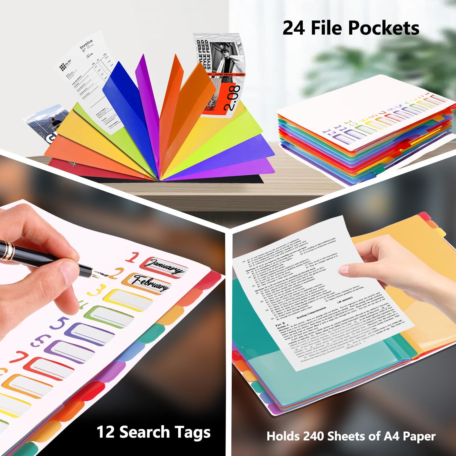 24 Pockets Expanding File Folder Organizer,Accordion File Organizer,A4 Letter Size,Rainbow Tab - Image 2