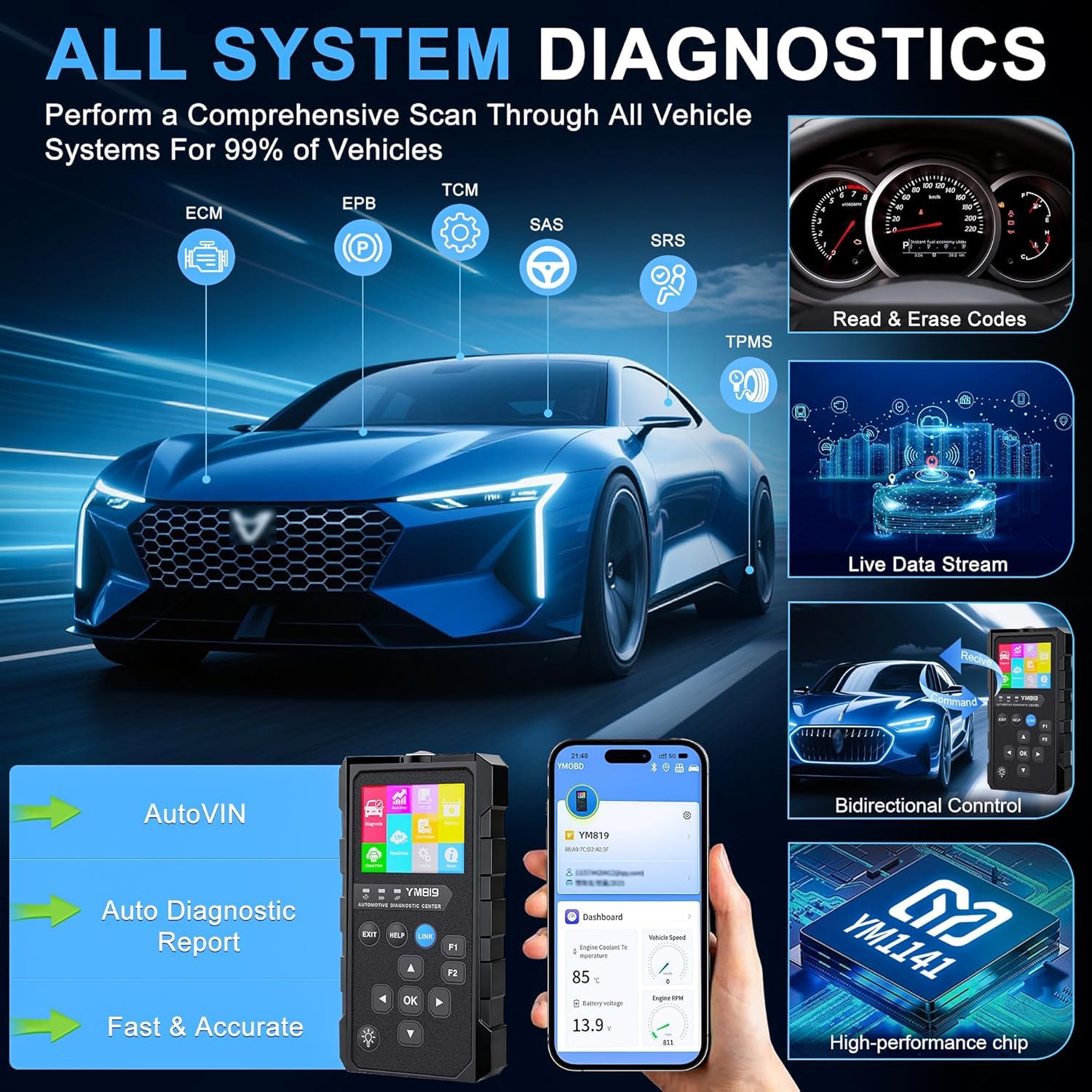 Dispositivo diagnostico OBD2 per tutti i veicoli, lettore auto senza fili con tutte le funzioni OBD2, strumenti diagnostici per auto dopo il 2000 tutte le auto, lettore di errori universale per
