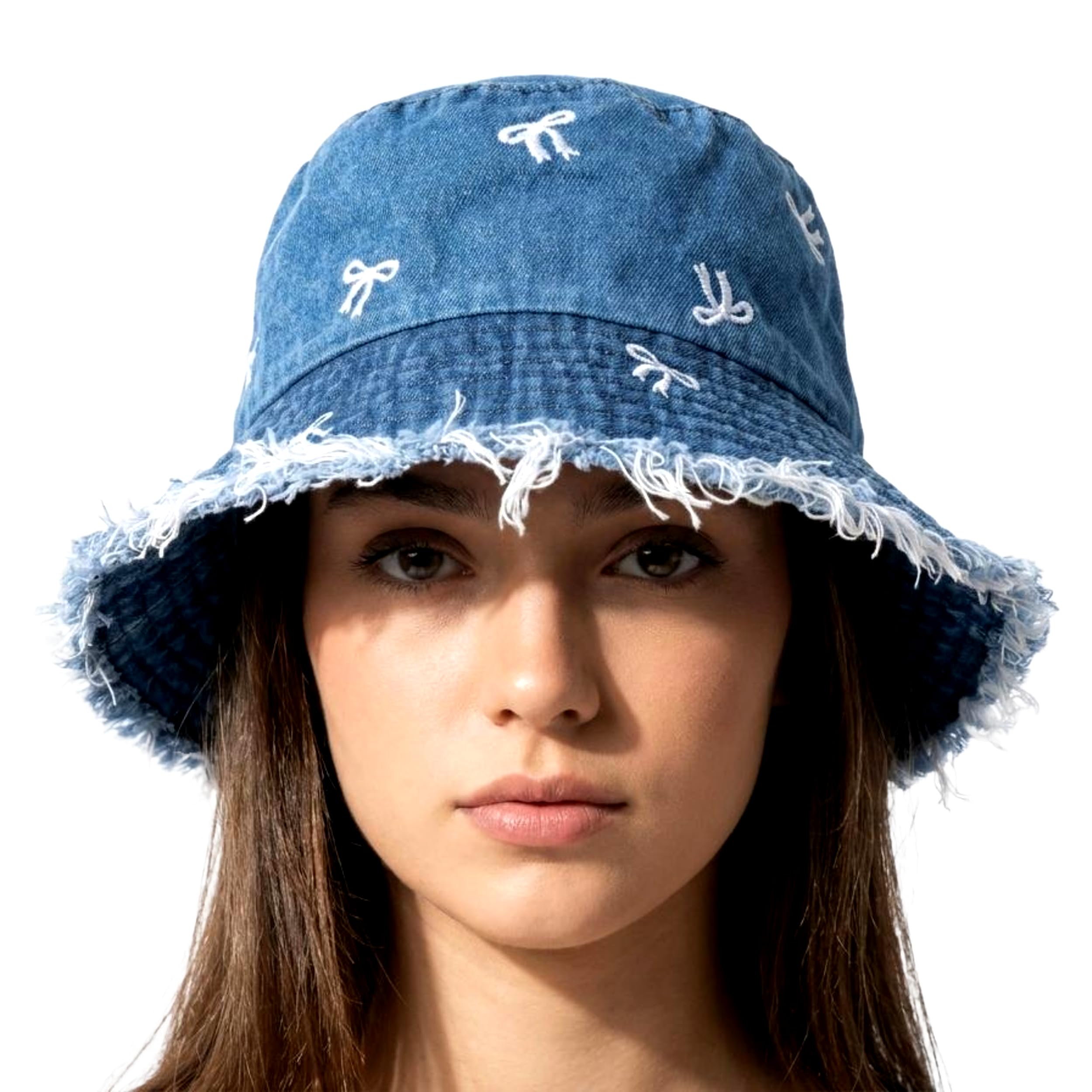 Denim Bucket Hat for Women and Girls | Embroidered Bow Sun Cap with Frayed Edge | Breathable Packable Cotton Denim Beach Hat for Summer, Travel & Outdoor Fashion - Light Blue-image-3