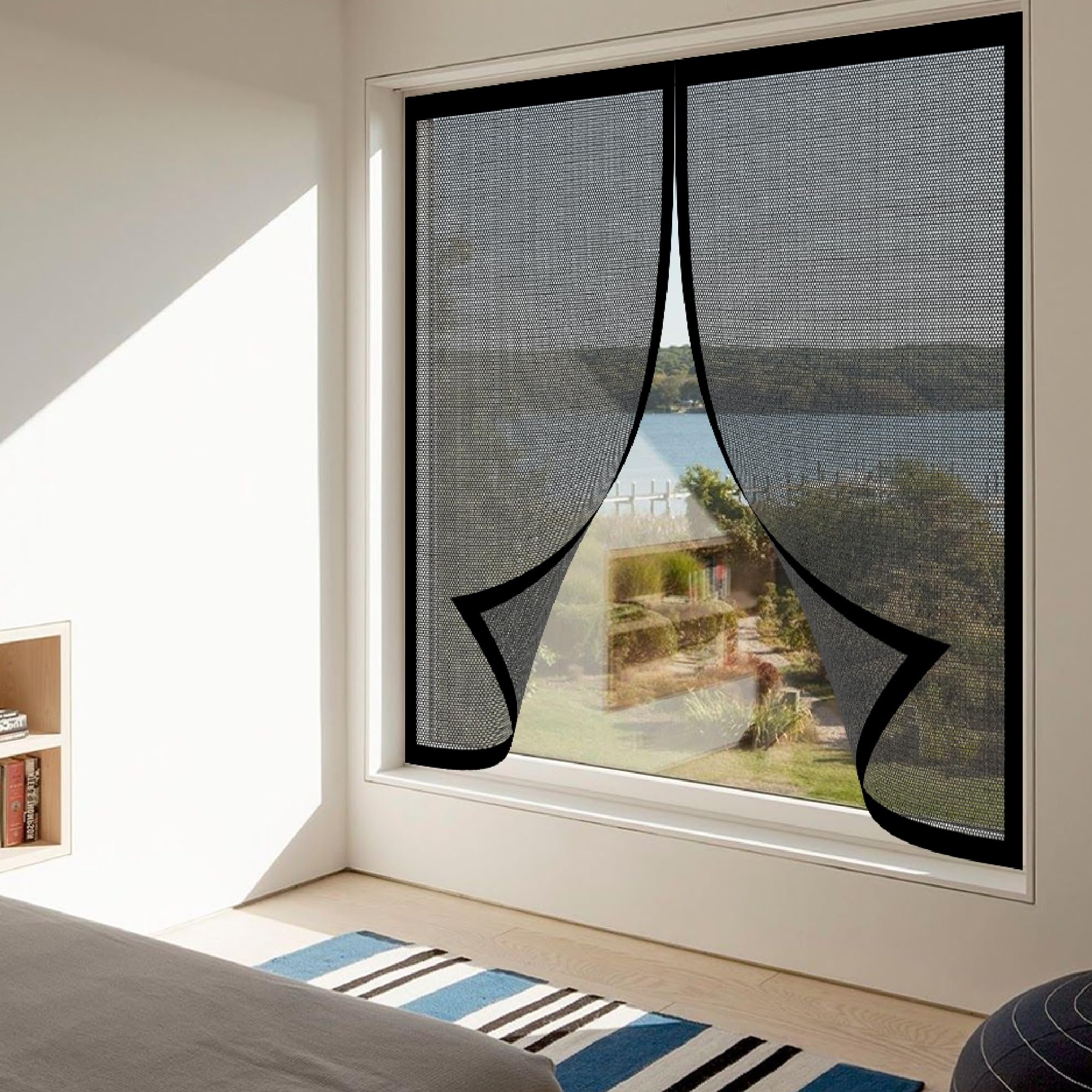 Magnetic Fly Screen Window 110 x 130 cm with Selfadhesive Magnetic Window Screen Insect Mesh Easy Installation for Windows Doors and Patio Screens, Black