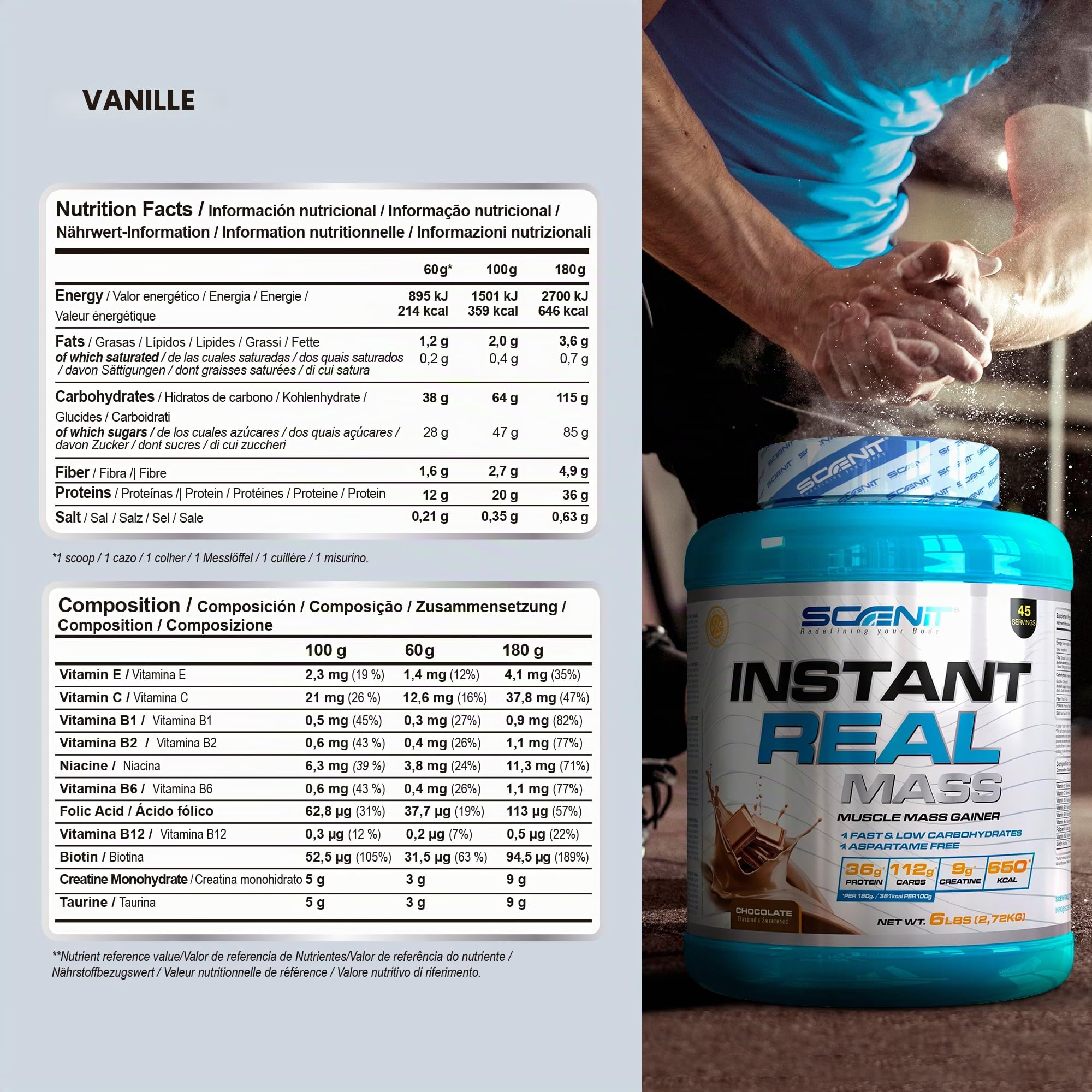 Instant Real Mass - 2,72 kg - Gainer Prise de Masse - Gainer Mass - Proteine mass gainer - Mass Gainer - Weight Gainer - Proteine Gainer - Gainer avec Creatine (2,72 kg, Vanille)