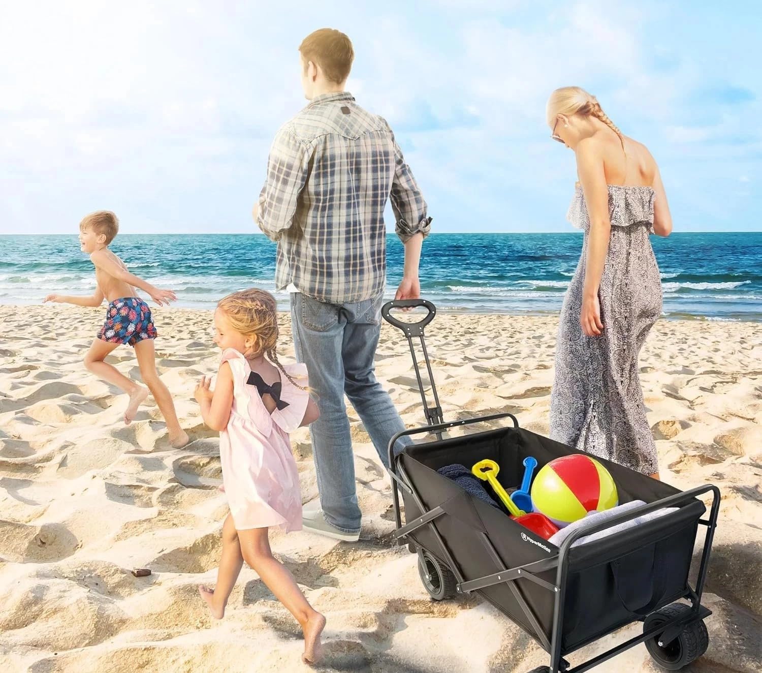 Carrello Giardino Pieghevole 90L Portata 65kg, 4 Ruote di cui 2 Girevoli 360°, Telaio Acciaio Tessuto Oxford 600D Impermeabile, Manico Regolabile 61,5-82cm, Spiaggia Casa Orto
