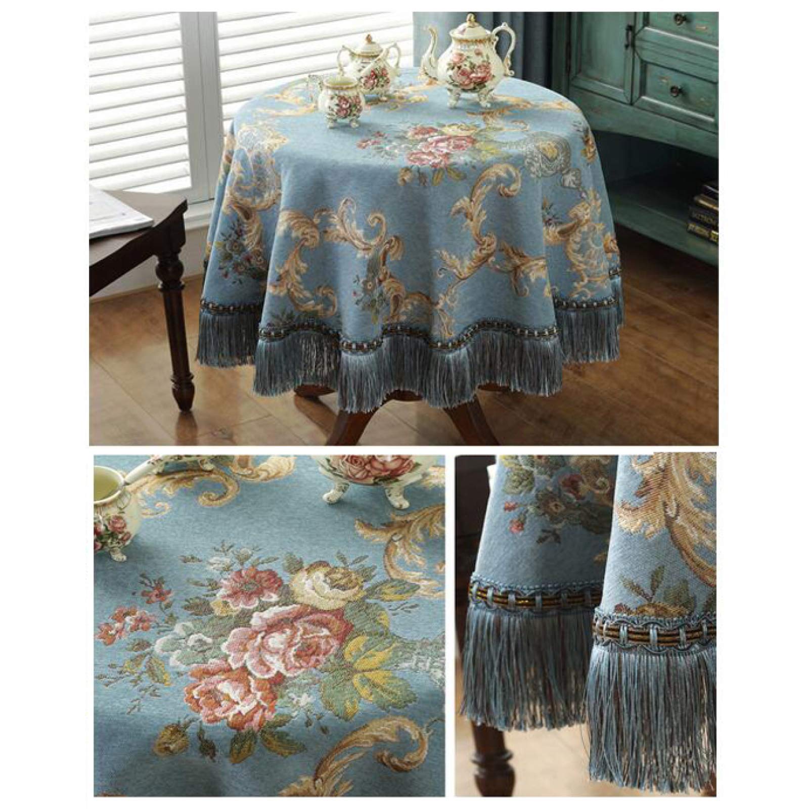 Vintage Style Blue Round Chenille Table Cloth with Fringed Lace Washable Table Cover for Kitchen Dining Party Diameter 140cm/55inch