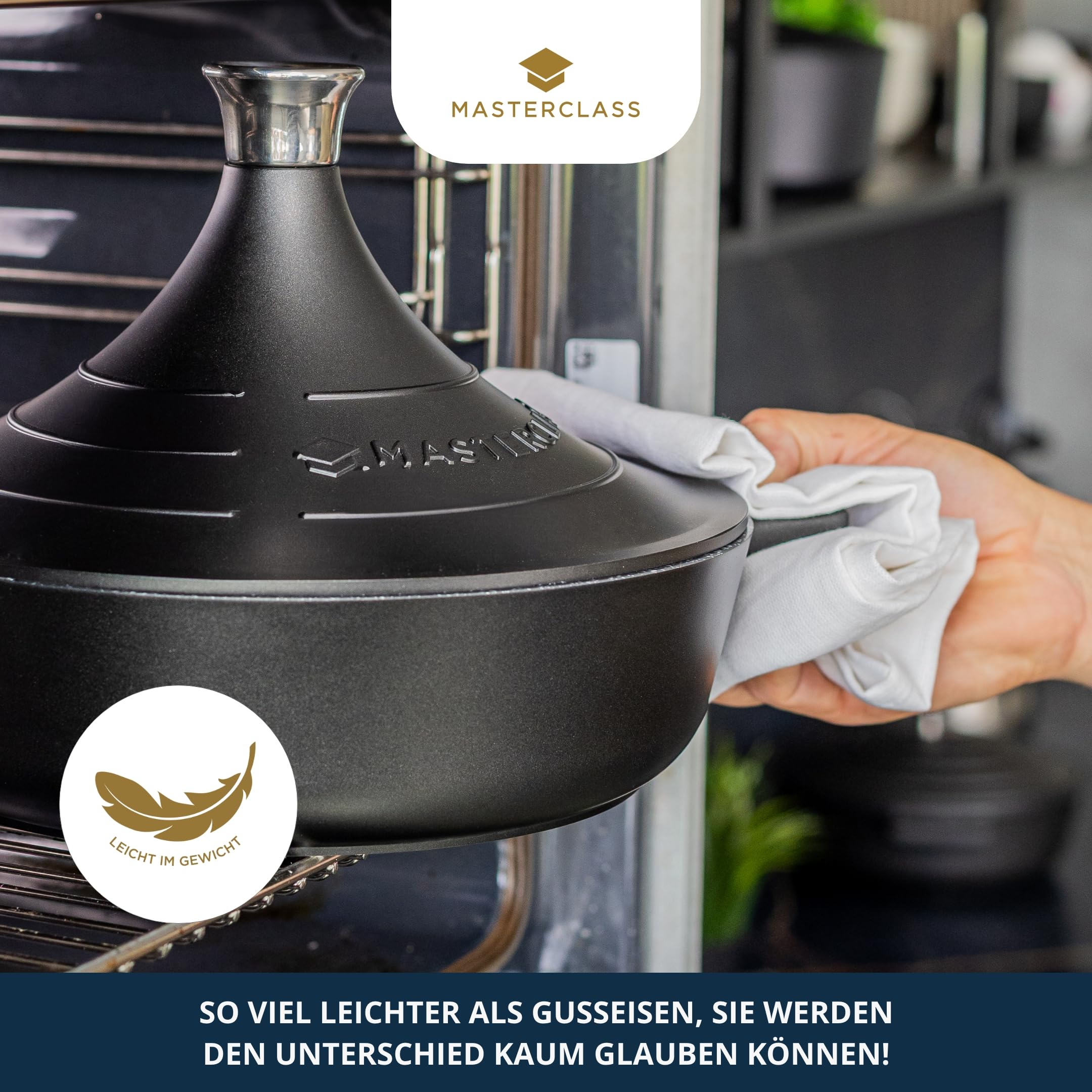 MasterClass Tajine-Form aus Aluminiumguss mit selbstbindendem Kegeldeckel, 4 l, Antihaftbeschichtung, rund, Induktion, Herd, Kochgeschirr, spülmaschinenfest, ofenfest, 28 cm, Schwarz