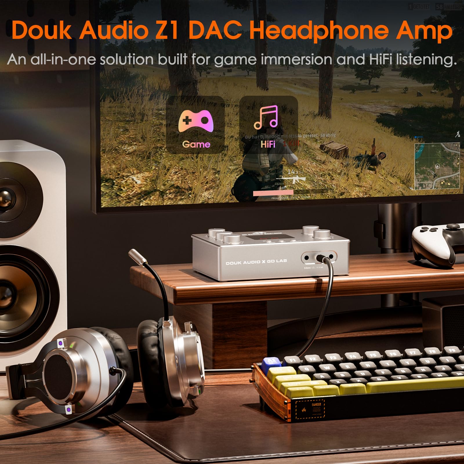Douk Audio x GD-LAB Z1 Gaming-DAC: Verstärker für FPS-Spiele mit ESS9039Q2M-Chip, Symmetrischem 4,4-mm-Kopfhörerausgang und XLR-Mikrofonanschluss mit 48-V-Versorgung für PC, PS5, Switch und Streamer