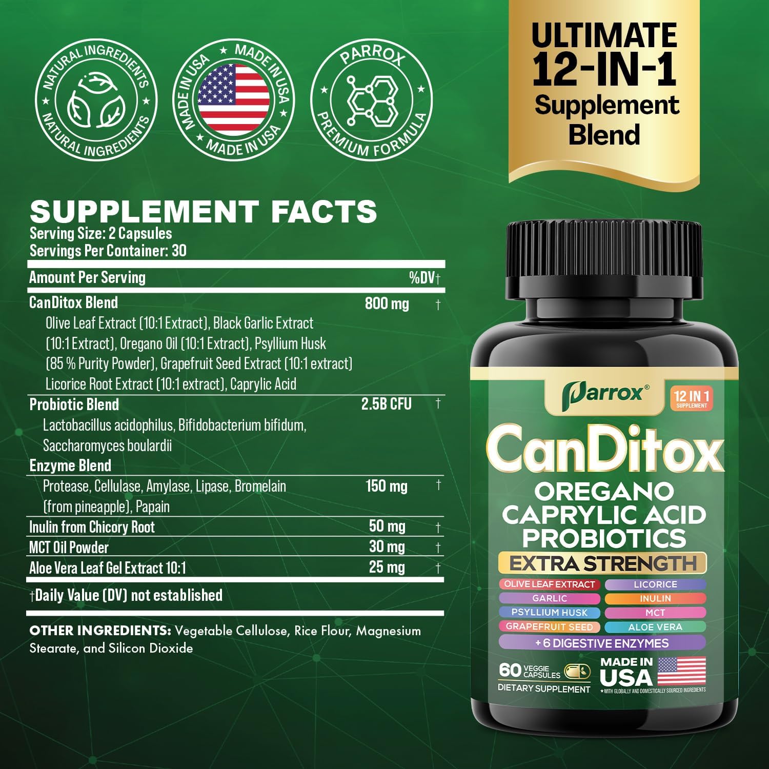 CanDitox Capsules, Oregano, Caprylic Acid, Garlic, Olive Leaf, Psyllium Husk, Licorice, Probiotics, Inulin, Aloe Vera, MCT Oil, Grapefruit Seed, Digestive Enzymes, Bromelain, Lipase 60 Capsules