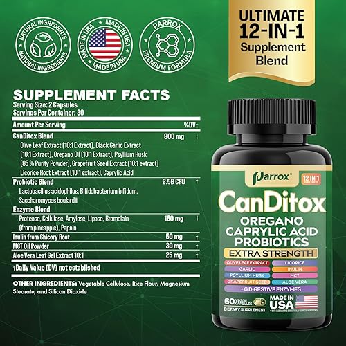 Miniatura 2 de CanDitox - Cápsulas de orégano, ácido caprílico, ajo, hoja de olivo, cáscara de psyllium, regaliz, probióticos, inulina, aloe vera, aceite MCT,