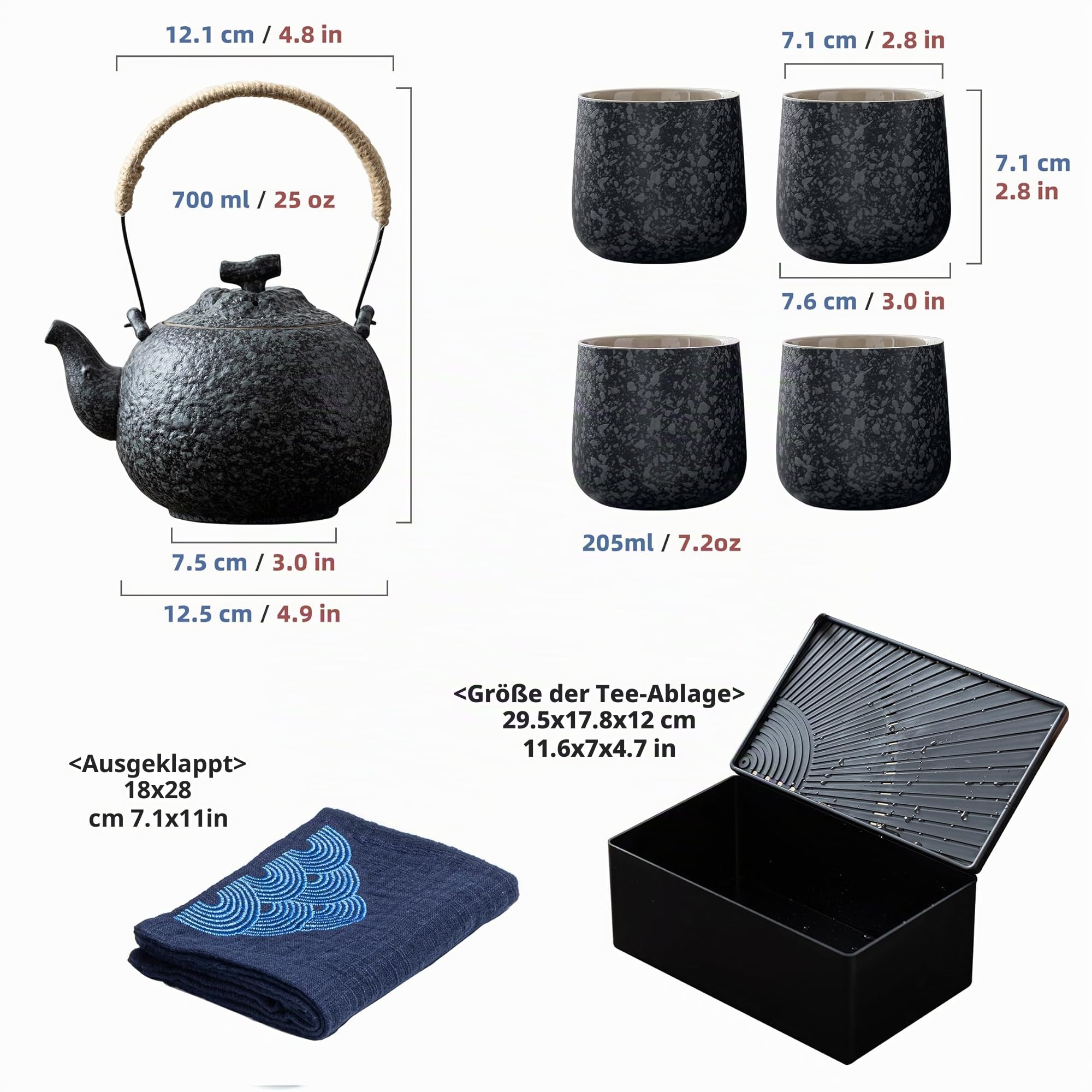 TEANAGOO Teekanne Portable Japanese Tea Set, Charcoal Grey Travel Porcelain Tea Set, 1 Teekanne (700ml/25oz) + 4 Teetassen (205ml/7.2oz), U2, Tea Tray Storage Case, Tee Set Teekanne und Tasse