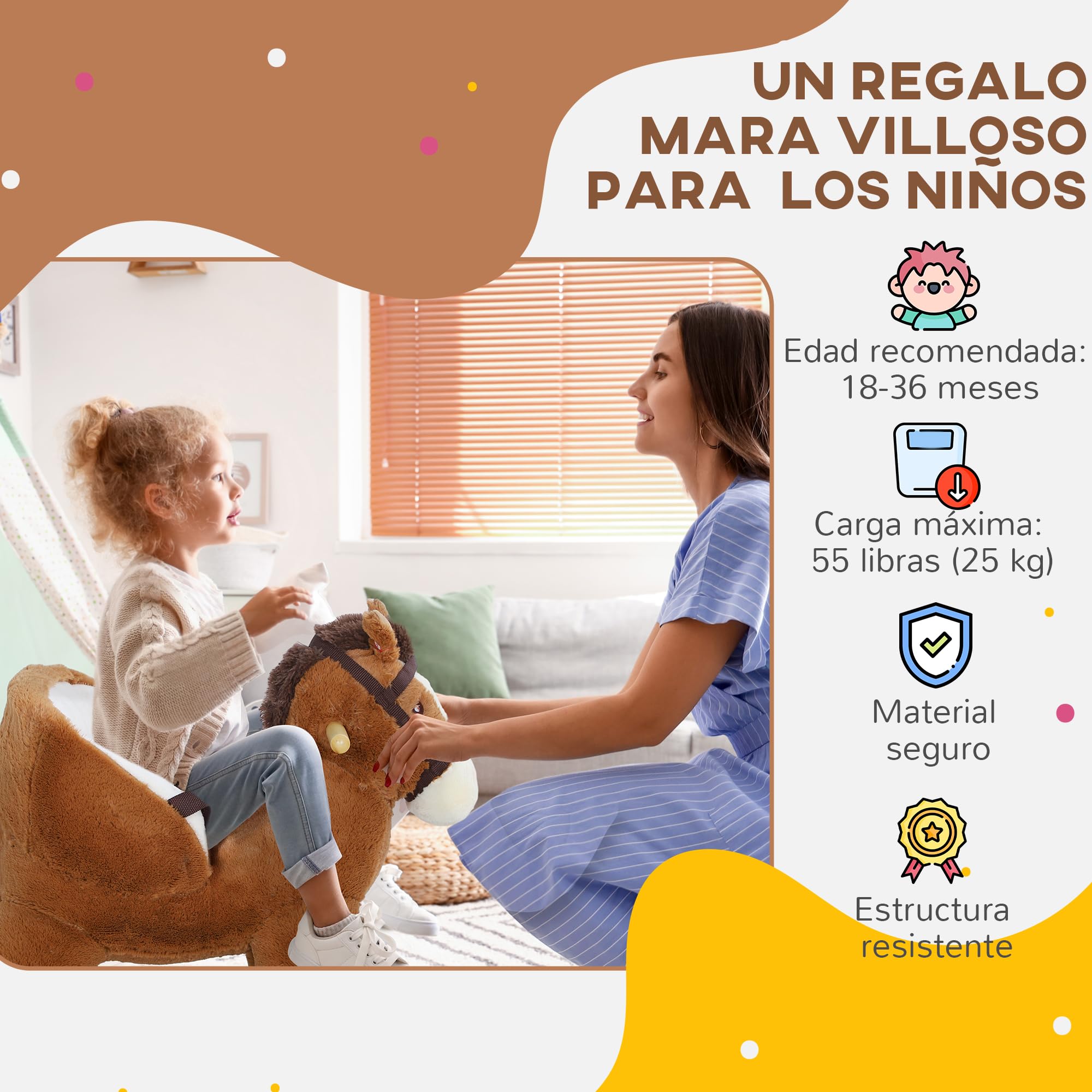 AIYAPLAY Caballo Balancín para Niños de 18-36 Meses Caballo de Juguete con Mangos Sonido Cinturón de Seguridad y Base de Madera de Álamo Carga 25 kg 68x33x45 cm Marrón