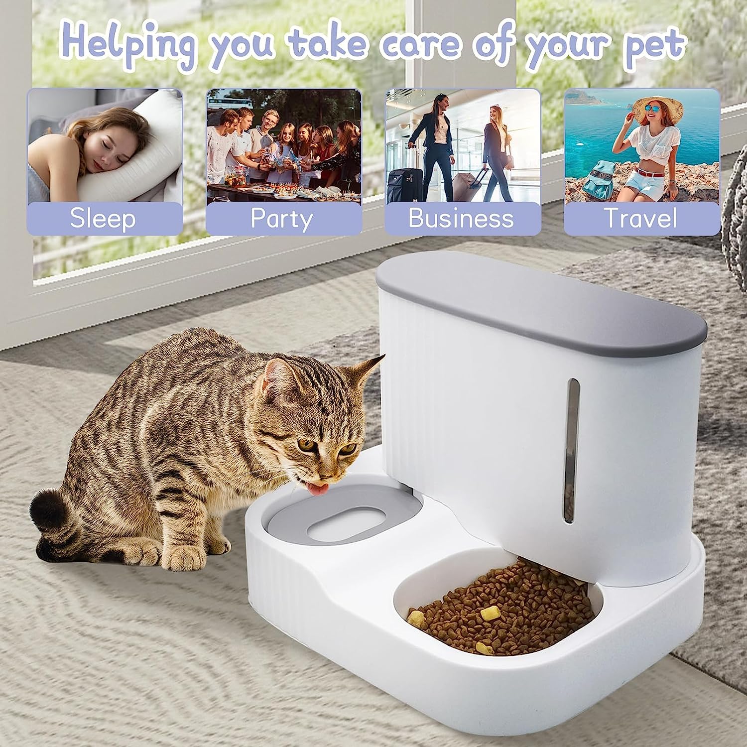 Dispensador Automático De Comida Y Agua para Gatos, Alimentador por Gravedad, Alimentador De Alimentos Secos para Gatos Y Dispensador De Agua, Bebedero Y Comederos Automáticos para Gatos 2 En 1