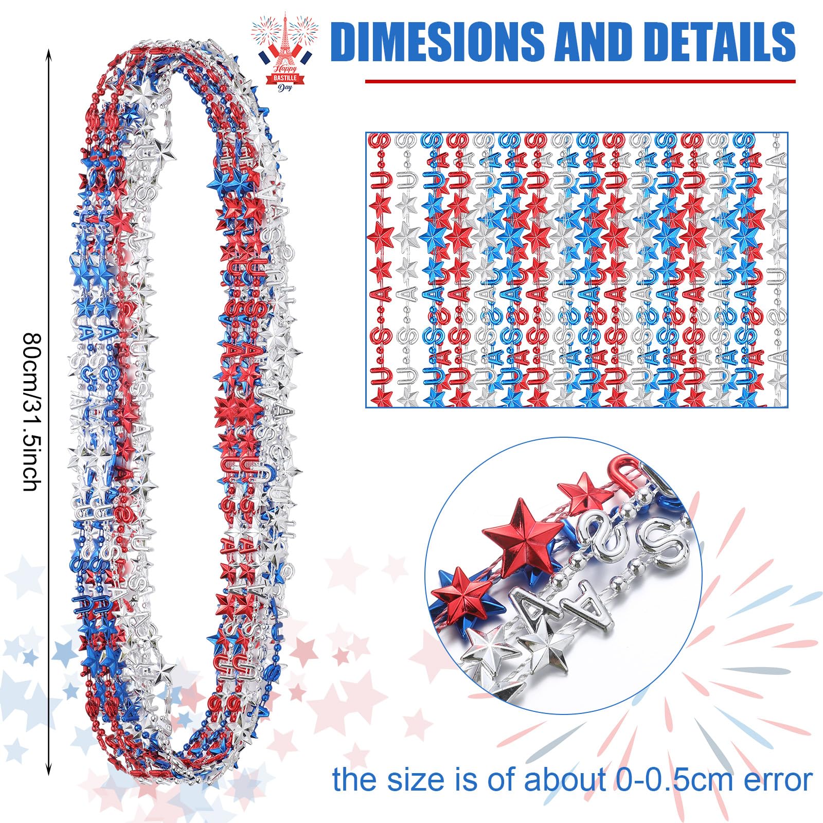 Bucherry 72 Pcs 4th of July Necklaces Bulk Patriotic Bead Red White Blue Necklaces Accessories for Patriotic Independent Day Party Favors Costume Decorations