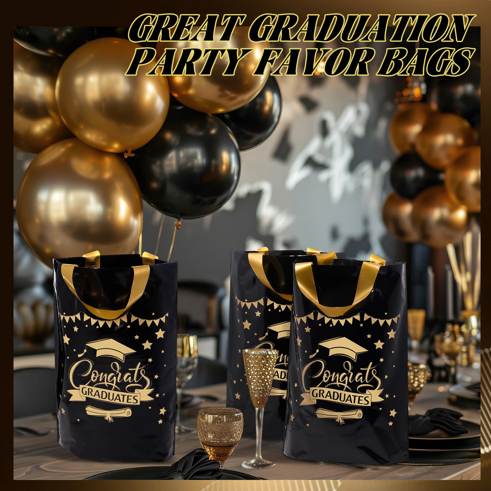 Kolldenn 50 Pcs Graduation/thank You Gifts Bags Employee Appreciation Goodie Bags with Handles Congrats Grad Reusable Plastic Party Favors for Gift Wrapping(Black Gold,Congrats Graduates)