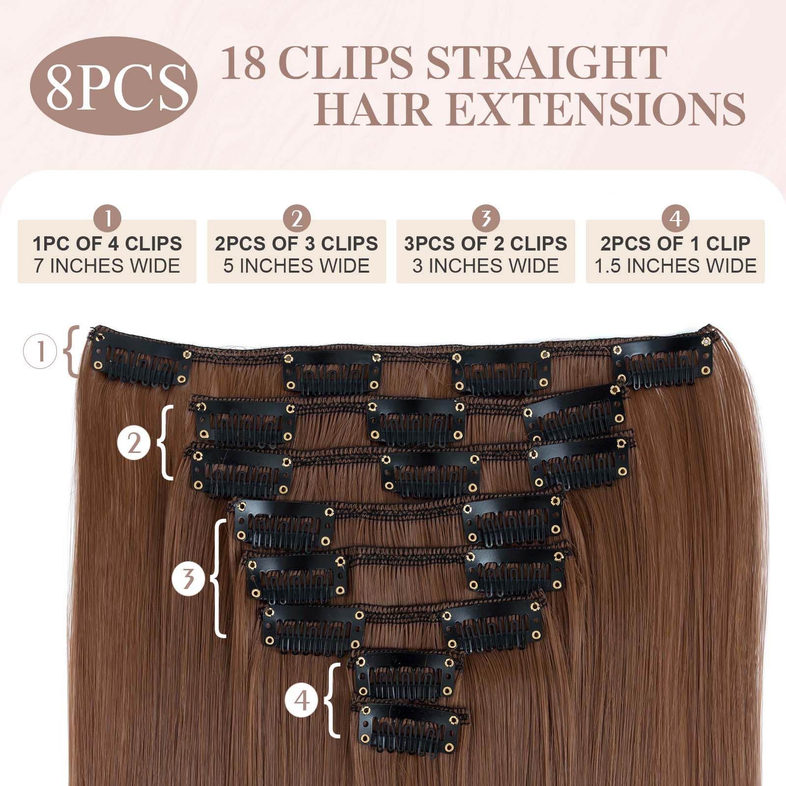 SEGOHAIR Hair Extensions Clip in 8Pcs 18 Clips Synthetic Fiber Seamless 23" Long Straight Full Head - Light Auburn - Image 2