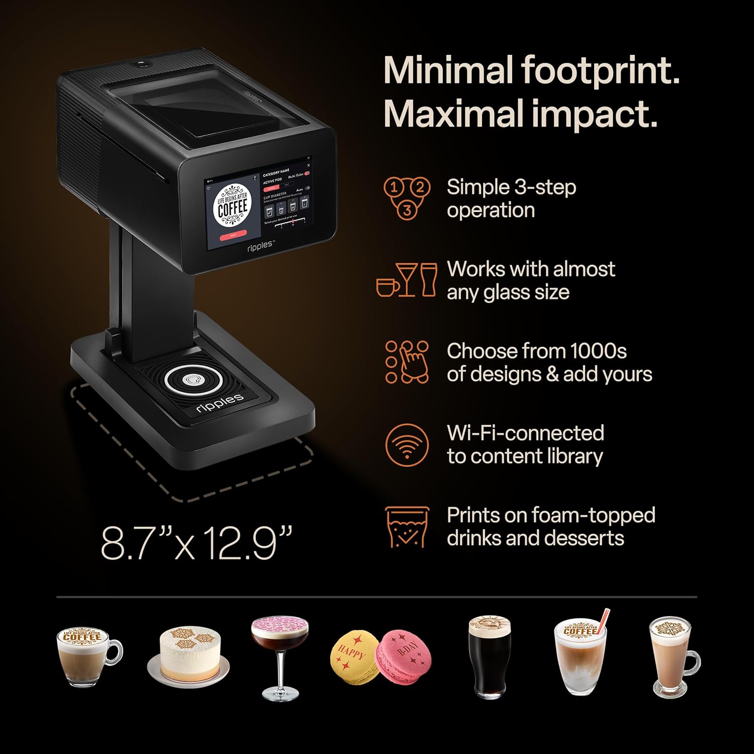 Ripples The Original Maker II, Print on Beverage Foam and Desserts, Plant-Based Ingredients Only, Selfie and Personalized Designs (Machine + Coffee Pod)