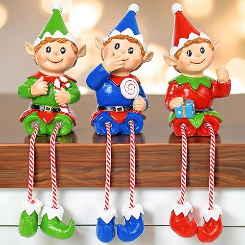 Miniatura 6 de Dazzle Bright Figuras de Elfo de Navidad en Decoración, Juego de 3 Elfos de Resina con Patas Colgantes, Adornos de Elfo para Decoración de Mesa,