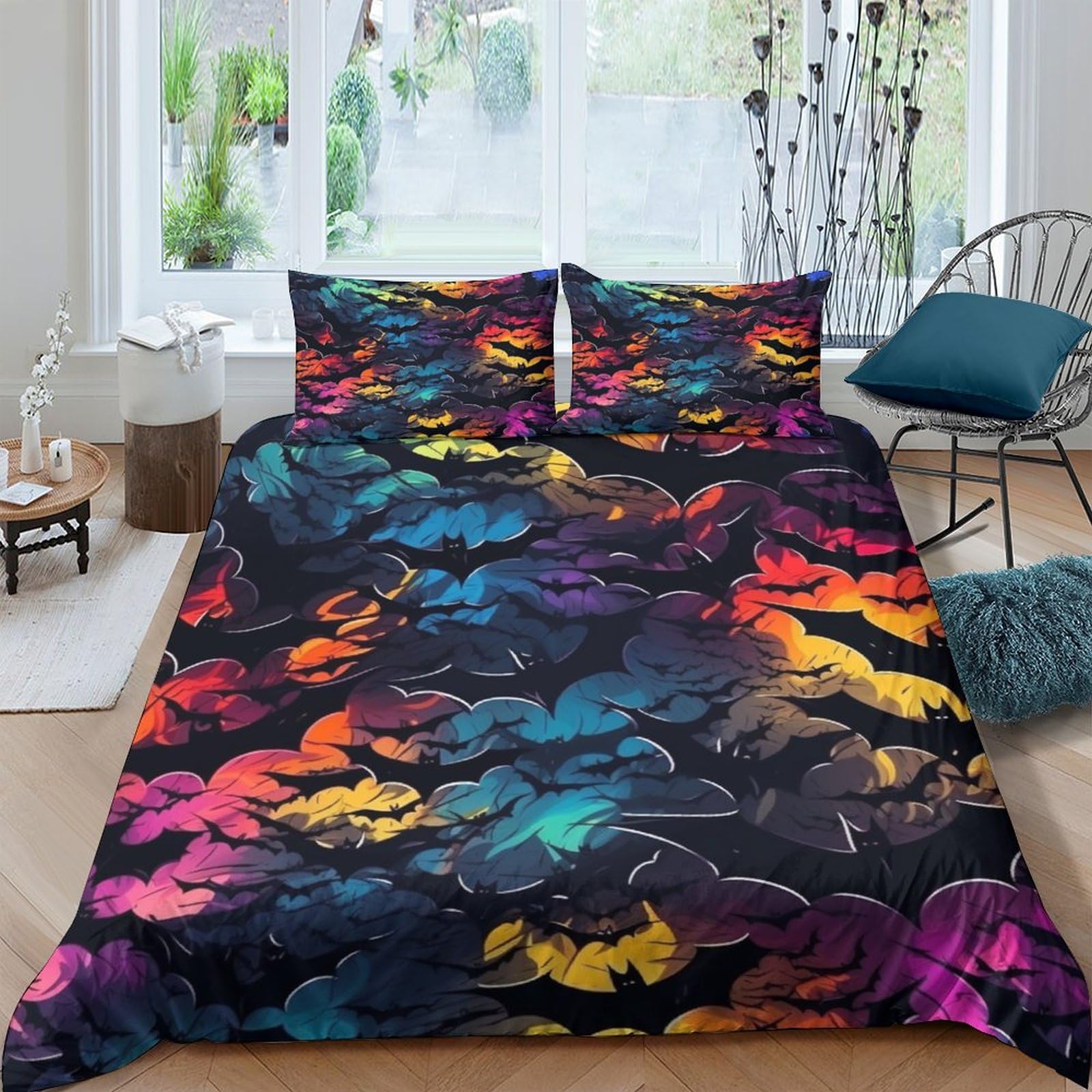 Housse de couette chauve-souris noire finis les plis parure lit double 200x200