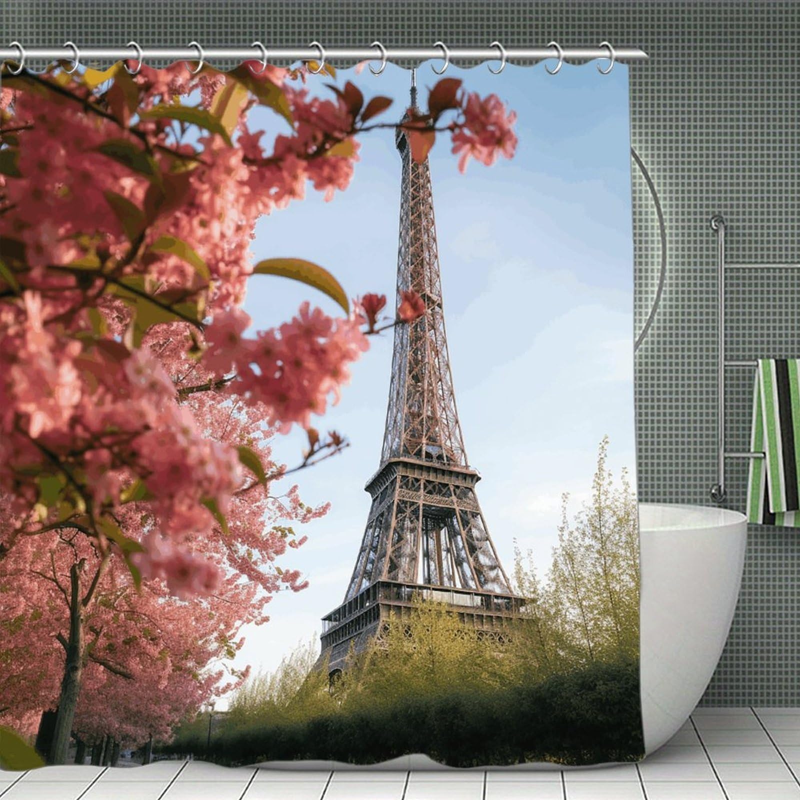 VstaDank Paris Eiffel Tower Flower Shower Curtain Light-Weight Blackout Bathroom Curtain Washable Shower Liner 71x71 Inch Bath Curtain with Metal Holes Bathtub Bath Room
