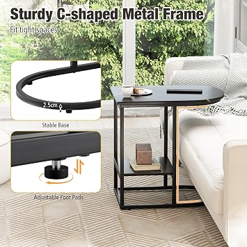 COSTWAY C Shaped Side Table, Modern Faux Marble/Industrial Nightstand Bedside End Table with Storage Shelf, 2-Tier Metal Frame Overbed Snack Sofa Tables for Living Room Bedroom (Black)