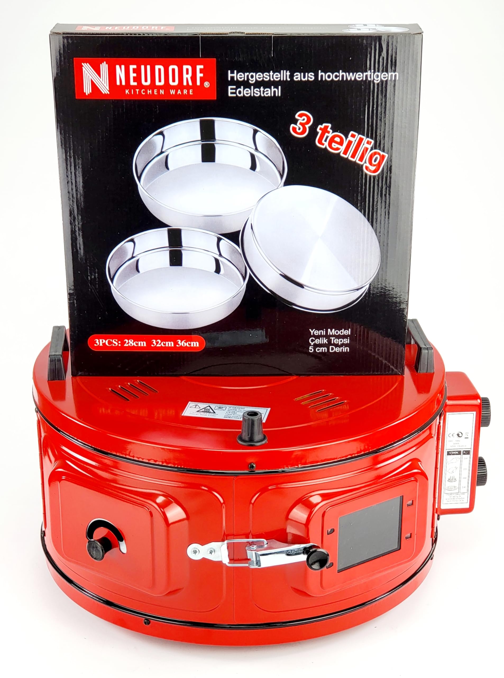 Selection Set Backofen (von IMS&T, 1100Watt, 50-300°C, 48x48x31cm)/ Ober-&Unterhitze mit Thermostat/Emaille-Backblech & Untersetzer/PLUS 3tlg Neudorf Backblech-Set aus Edelstahl Ø28,32&36cm