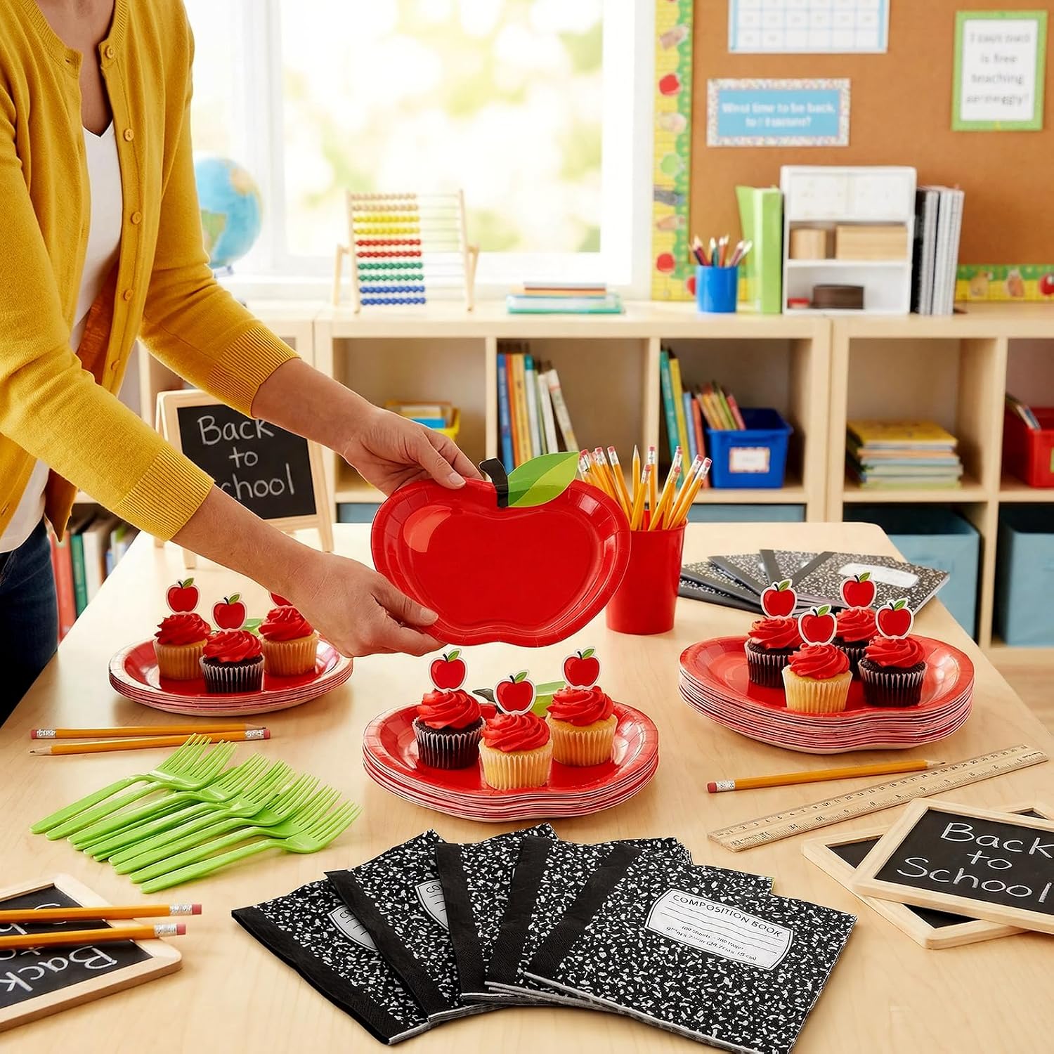 AmazingSpark 122 Pcs Preschool Kindergarten Graduation Party Decorations Apple Paper Plates Napkins Tableware Set for Teacher First Day Back to School Party Pre K Classroom Supplies