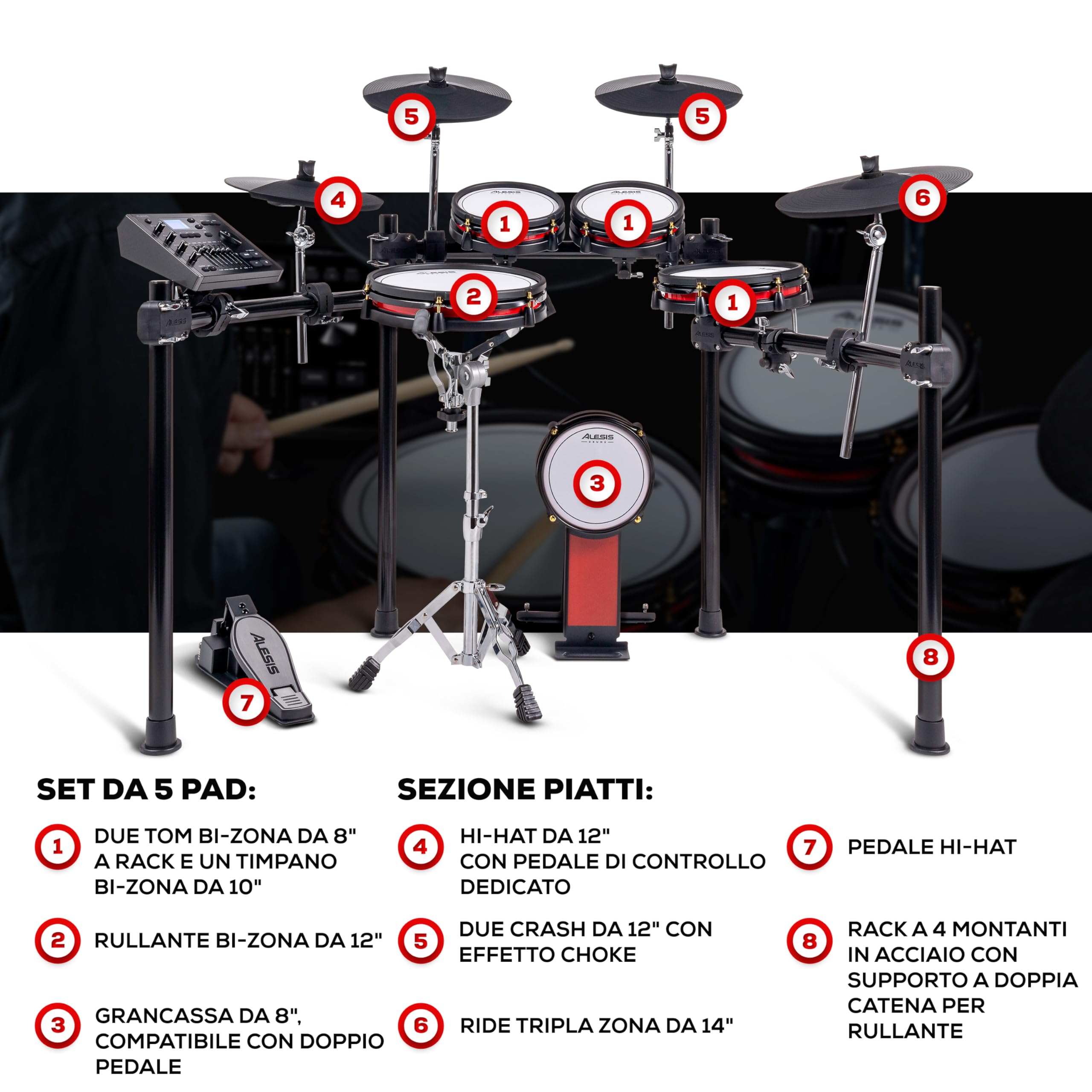 Alesis Drums Crimson III - Batteria Elettronica con Bluetooth, MIDI I/O, Pad Bi-Zona, Ride Tri-Zona, Piatti con Choke, Compatibile con Doppio Pedale, Lezioni Drumeo, BFD Player