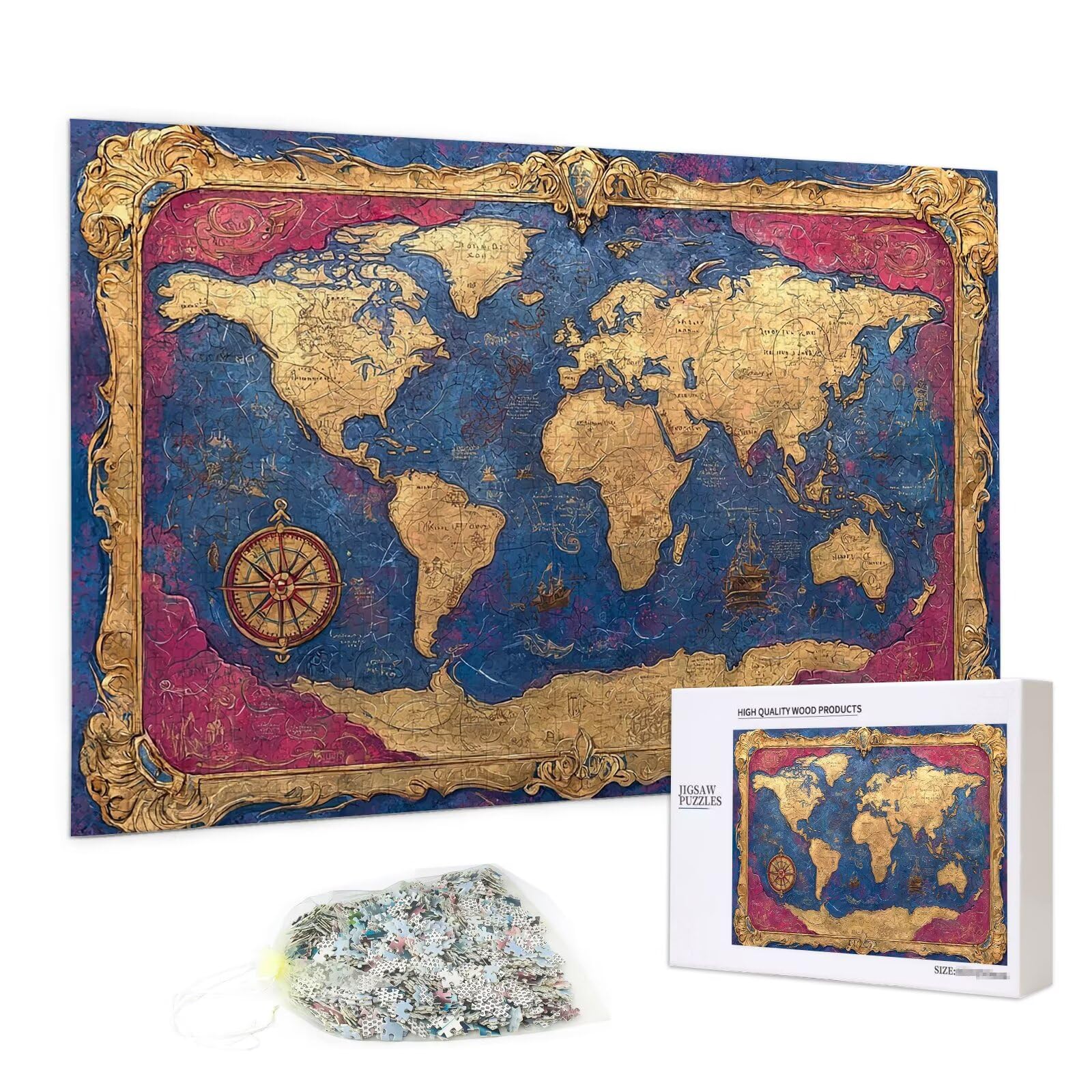 Puzzle 1500 Pièces Adultes, Puzzle Carte du Monde pour Adulte, Puzzles Bois avec Boite Cadeau, Jeu de Concentration pour Adultes, 1500 Pièces Puzzles pour Décoration Murale Maison, Cadeau Femme, A-64
