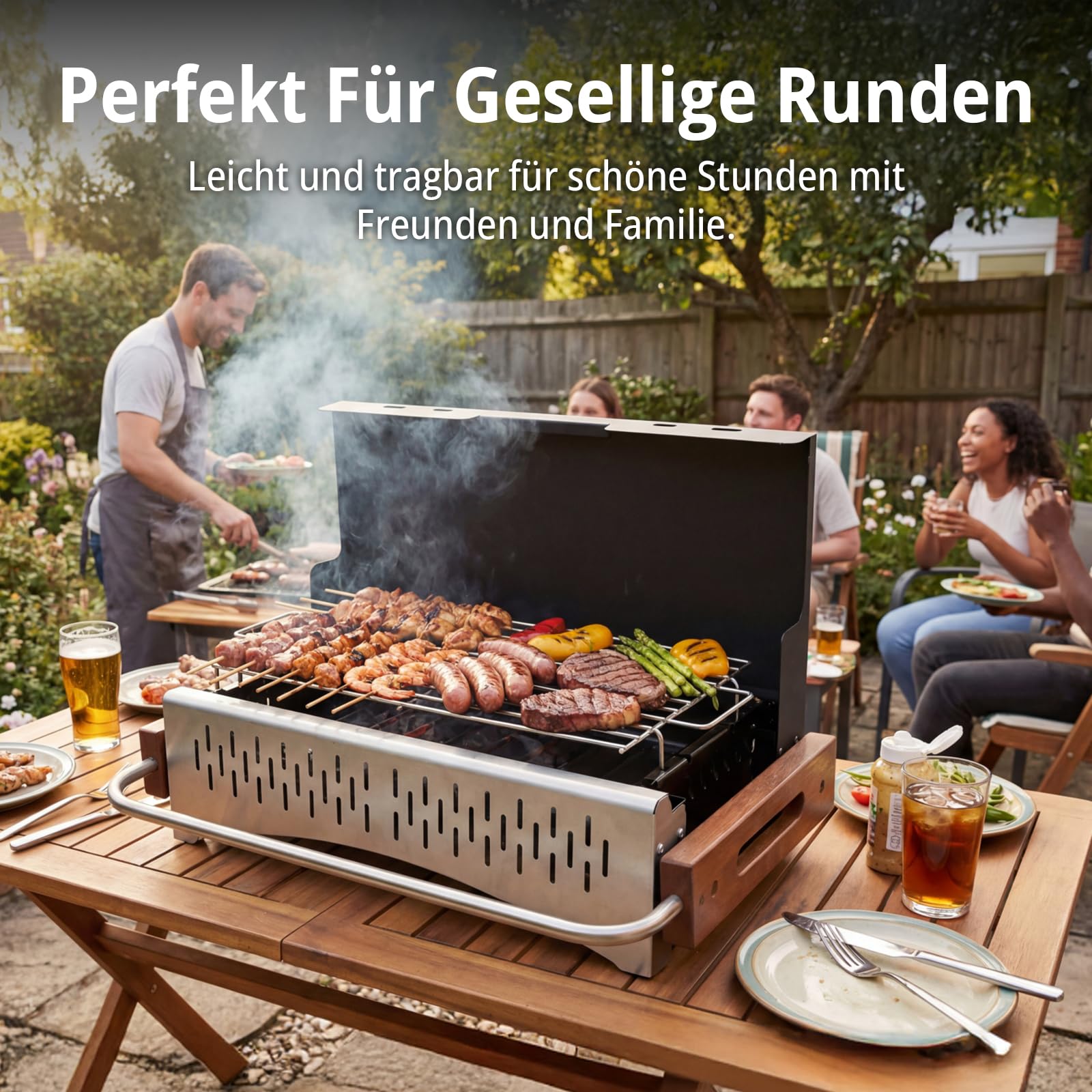 Holzkohlegrill tragbar mit Zubehörset, klappbarer Grill 38,15 x 20,95 cm, werkzeuglose Montage, 2-fach höhenverstellbar, ideal für Balkon Garten Camping