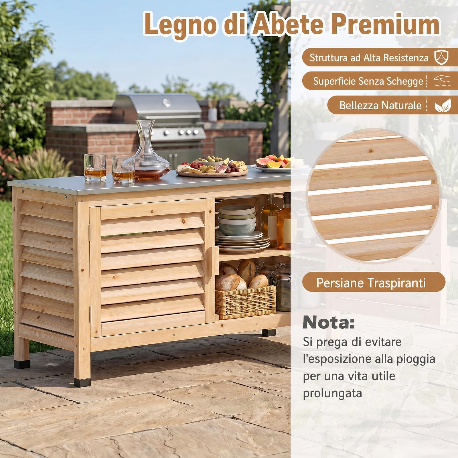 COSTWAY Cassapanca da Giardino in Legno di Abete, 109 x 40,5 x 61,5 cm | Armadio da Esterno con Piano in Acciaio Inox, 2 Ante a Persiana e Ripiano a L Rimovibili, per Terrazza, Cortile e Balcone
