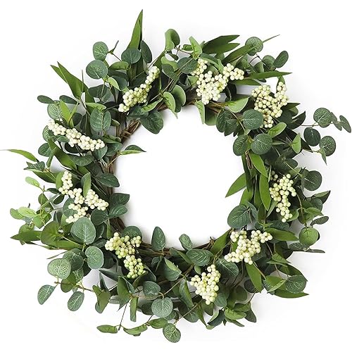 FENYUAN Wreaths for Front Door, 22" Artificial Eucalyptus Wreath, White Berry Greenery Wreath for Front Door Window Porch Wedding Farmhouse Garden Party Wedding Decor Spring Summer - Indoor/Outdoor