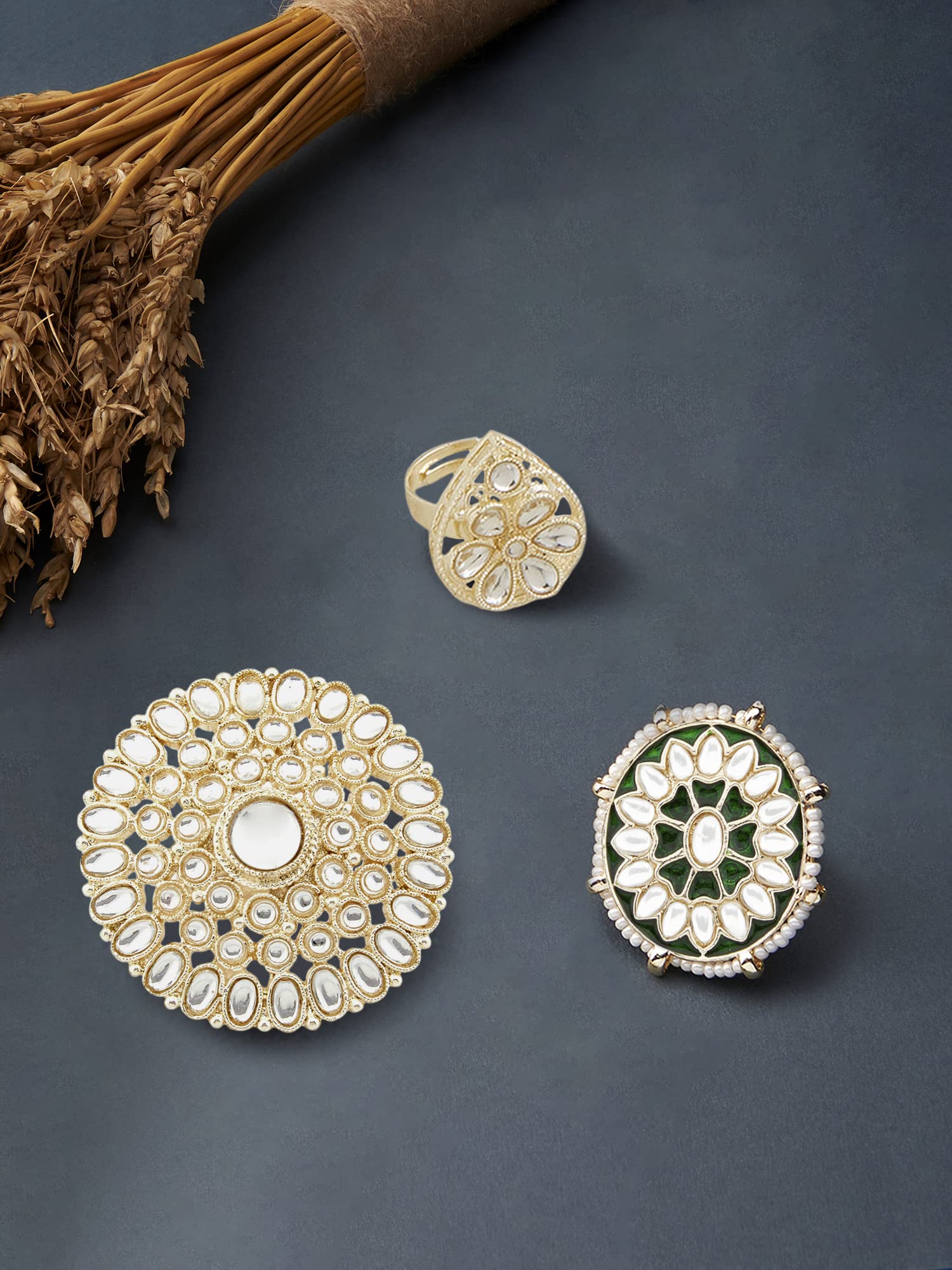 Meenakari Kundan Adjustable Rings Set - Pack of 3