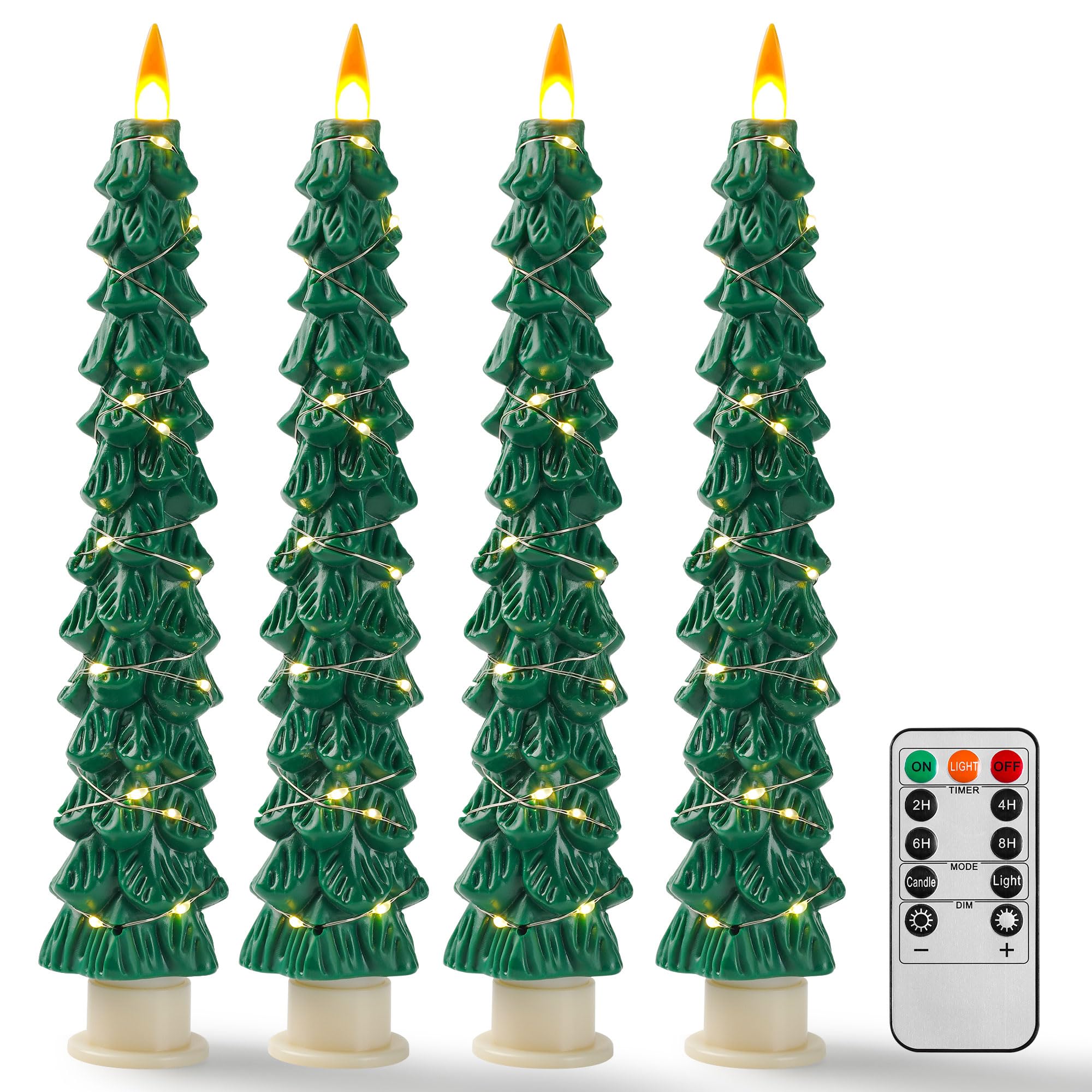 4 Candele LED a Forma di Albero di Natale Verdi, Candele Senza Fiamma con Catena di Rame, Effetto Fiamma Realistico Aggiornato, Funzionanti a Pile con Telecomando per Decorazioni Natalizie e Casa