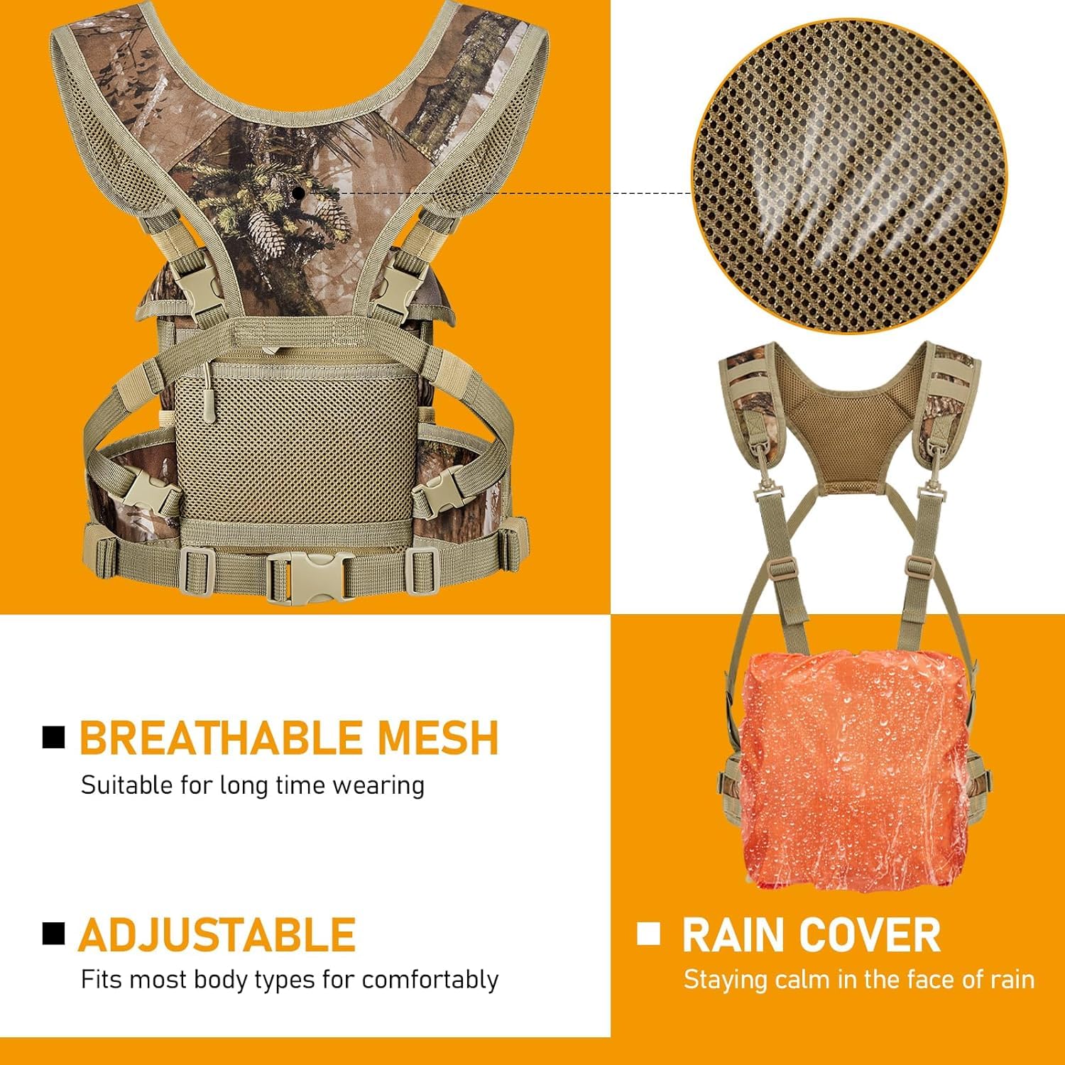 NewView Binocular Harness Chest Pack con tasca rimovibile, cinturino binario regolabile e parapioggia, ideale per caccia, escursioni e birdwatching, Quiet-M, Camo Quiet, m, Taschino
