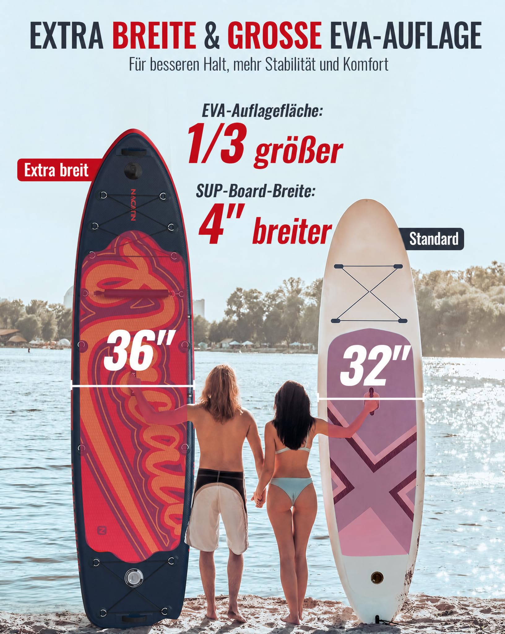 NACATIN 366cm (12ft) aufblasbares SUP Board mit Sitz, breites 91cm (36in) Stand Up Paddling Board für Erwachsene & Familie, mit Einzel-/Doppelpaddel, Kajaksitz, stabiles breites Deck für Anfänger