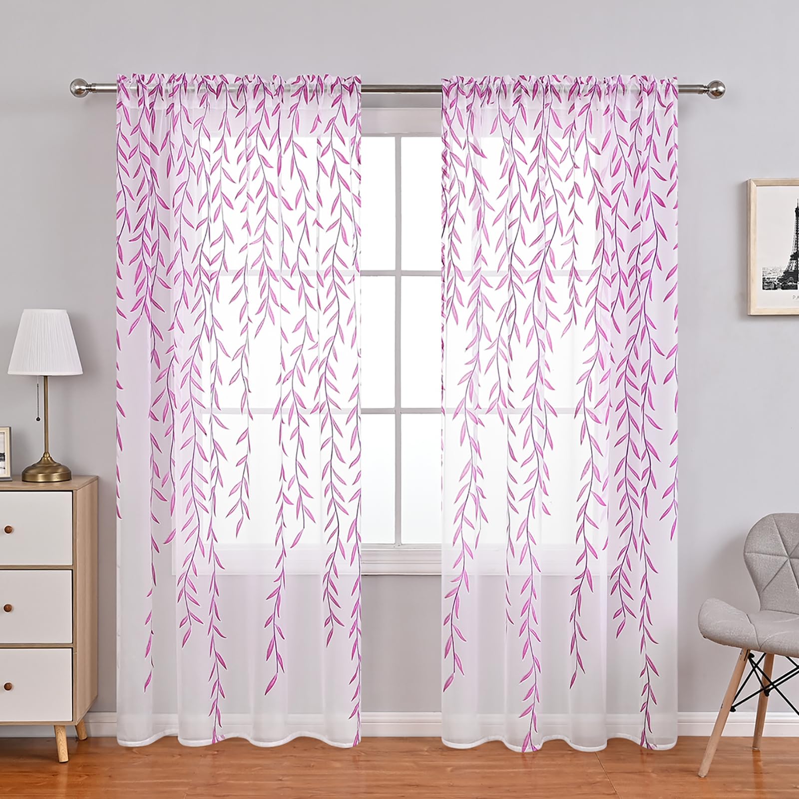 Ufurty Purple 2 Pieces Willow Leaf Window Curtain Voile Tulle Room Salix Leaf Sheer Vine Curtain Voile Panel Drapes Curtain White Sheer Leaf Curtain For Living Room,Bedroom,Balcony (,100*200Cm)