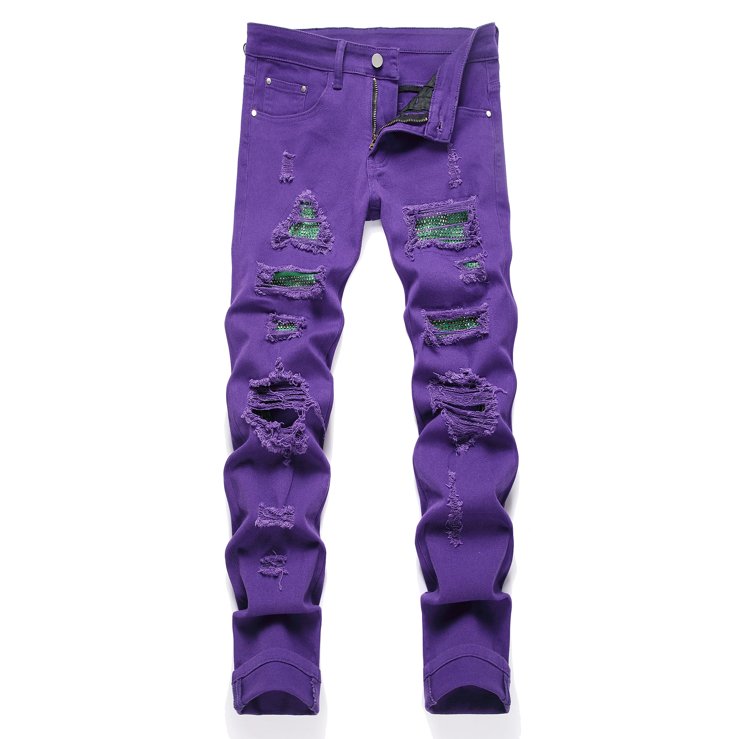 Mens Ripped Patch Elastic Jeans Fashion Slim Fit Regular Denim Pants