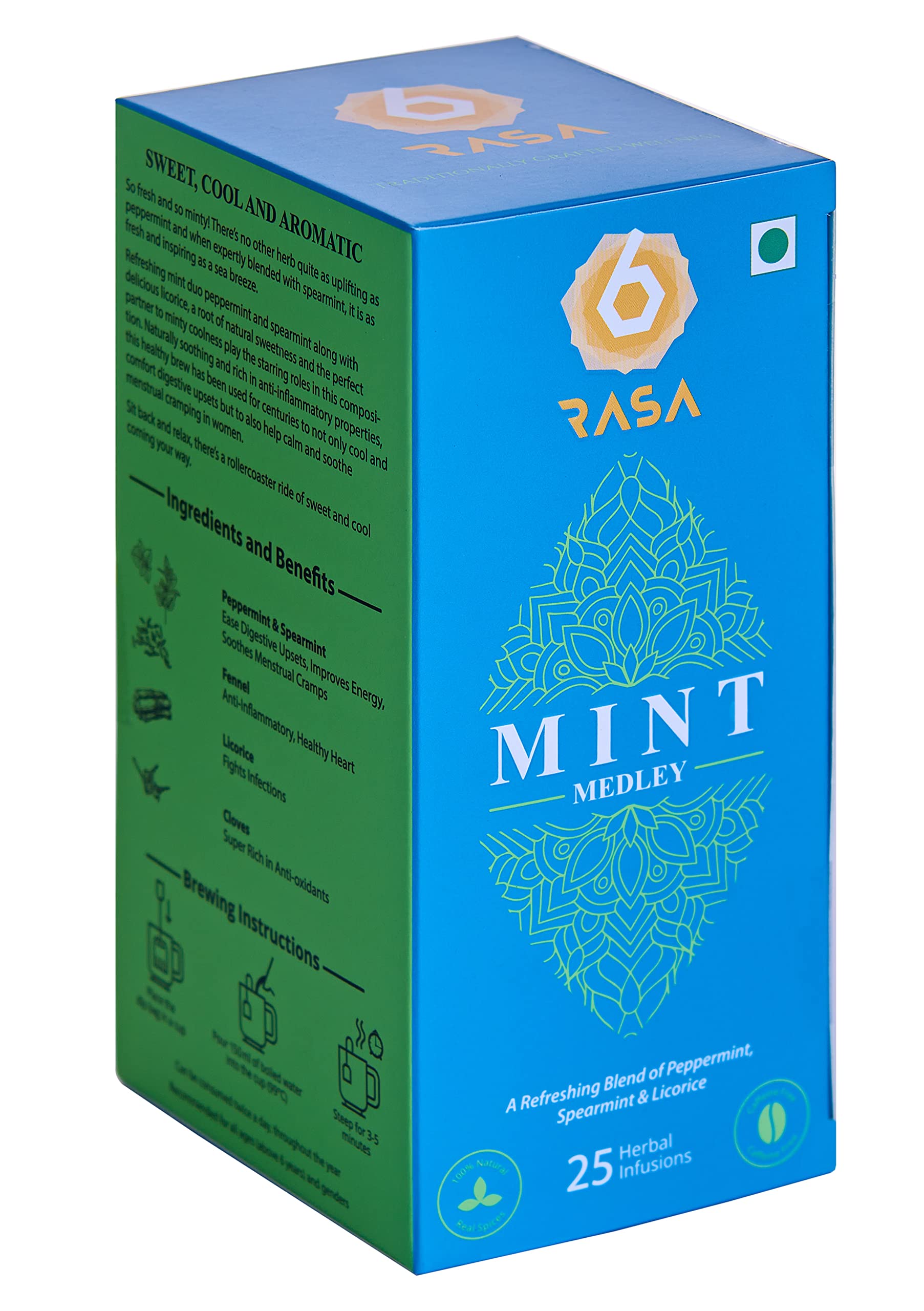 6rasa Mint Medley Tea Bags With Peppermint, Spearmint, Licorice | Cooling, Refreshing, Energizing Blend| 100% Natural Herbs & Spices | No Added Sugar (1.7 G Each, 25 Tea Bags) (Pack Of 1), 1.7 grams