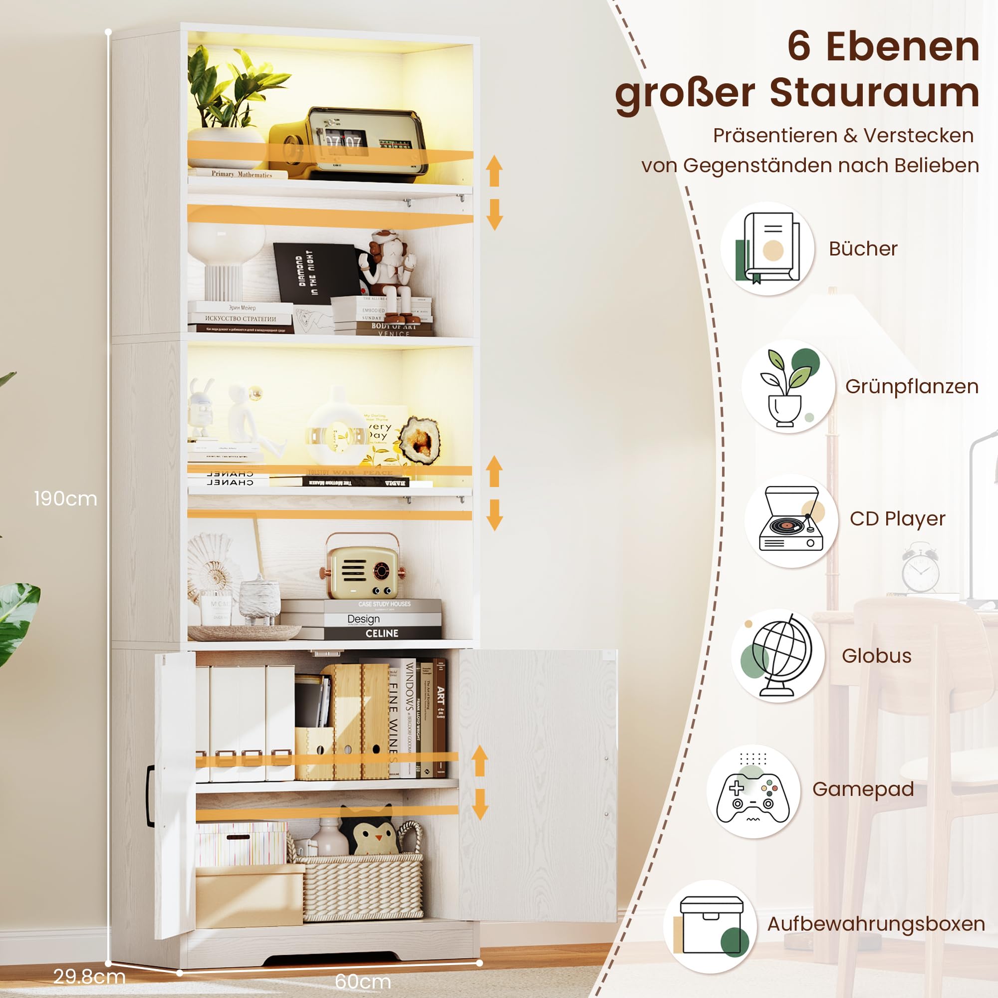 IRONCK 190cm Bücherregal Bücherschrank mit LED-Beleuchtung & Türen, weiß