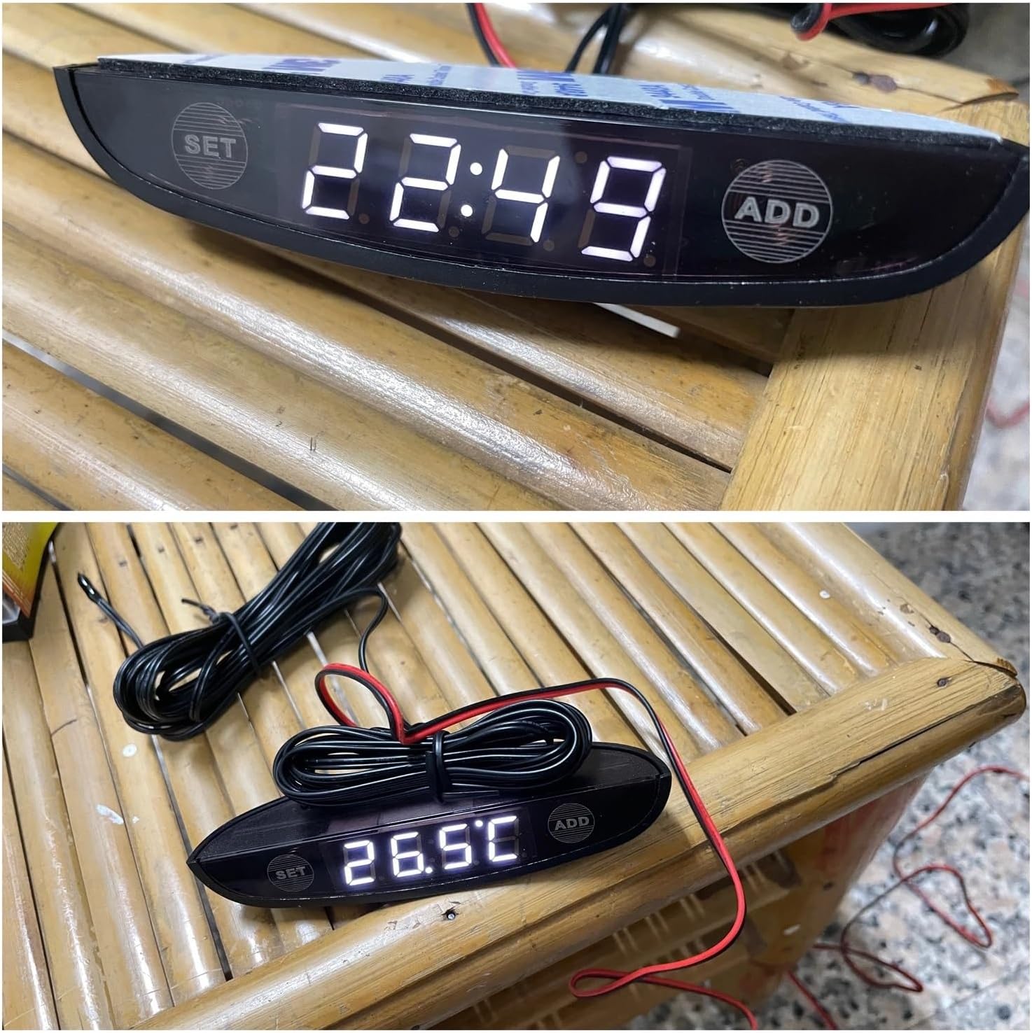 Fit for White Inverted 12-24V Car Thermometer Voltmeter Clock - Dual Temperature Sensor Dashboard Display(Blue Light-1)