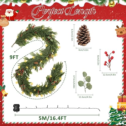 Miniatura 3 de Guirnalda de Navidad de 9 pies con 7 modos de luz LED, 9 piñas verdaderas, conos rojos y hojas de eucalipto, guirnaldas de pino Norfolk para